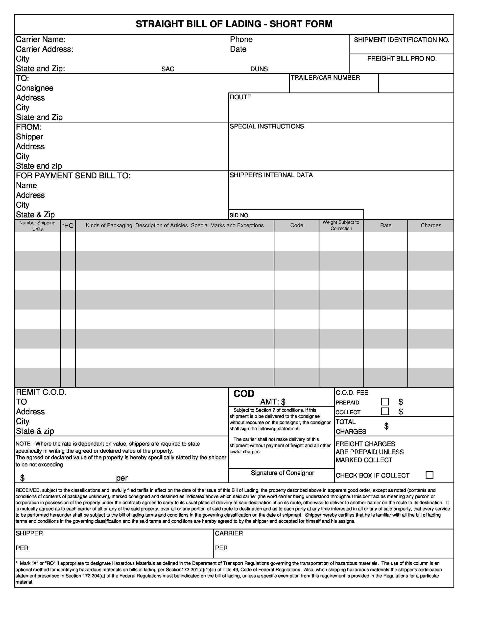 40 Free Bill Of Lading Forms Templates TemplateLab