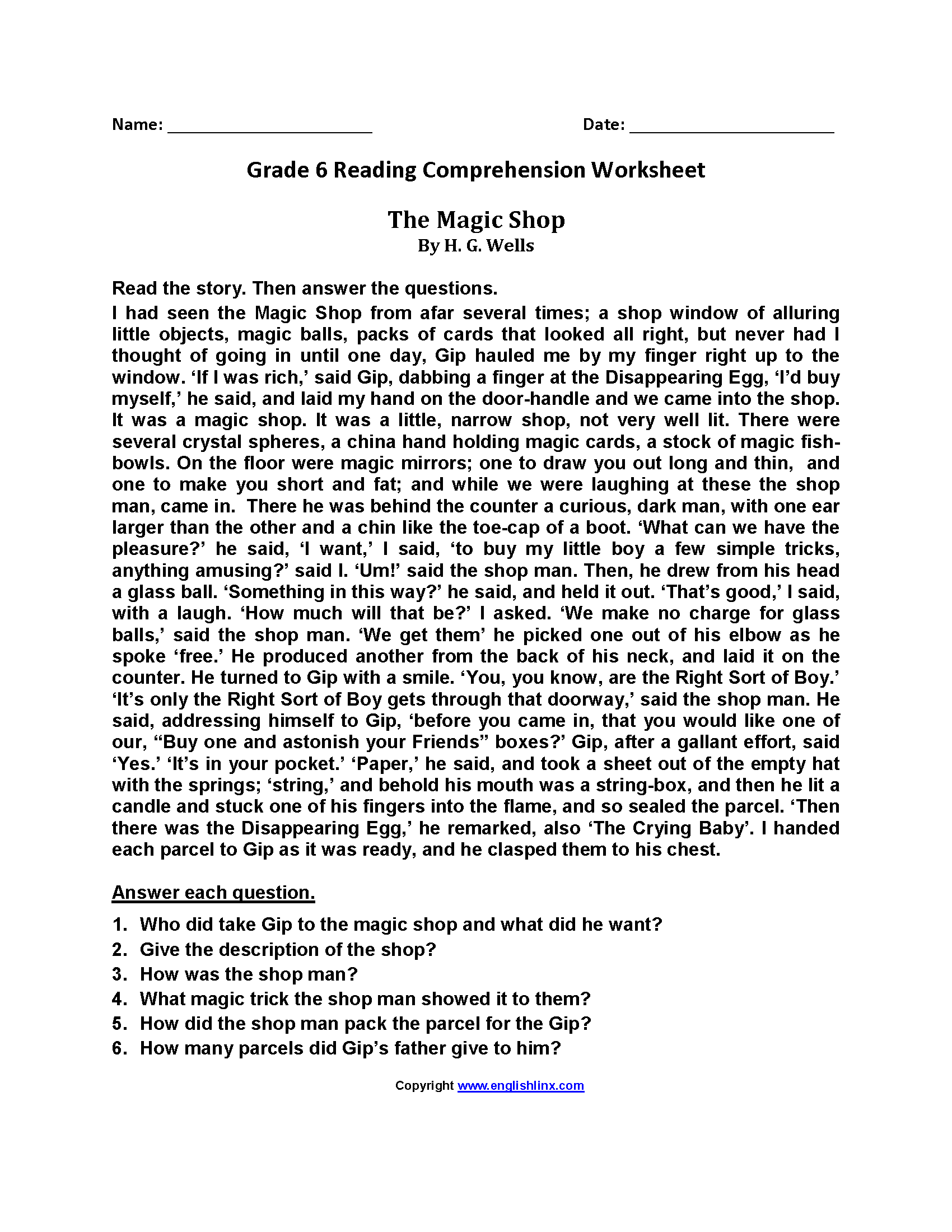 6th Grade Reading Comprehension Worksheets Free PDF 