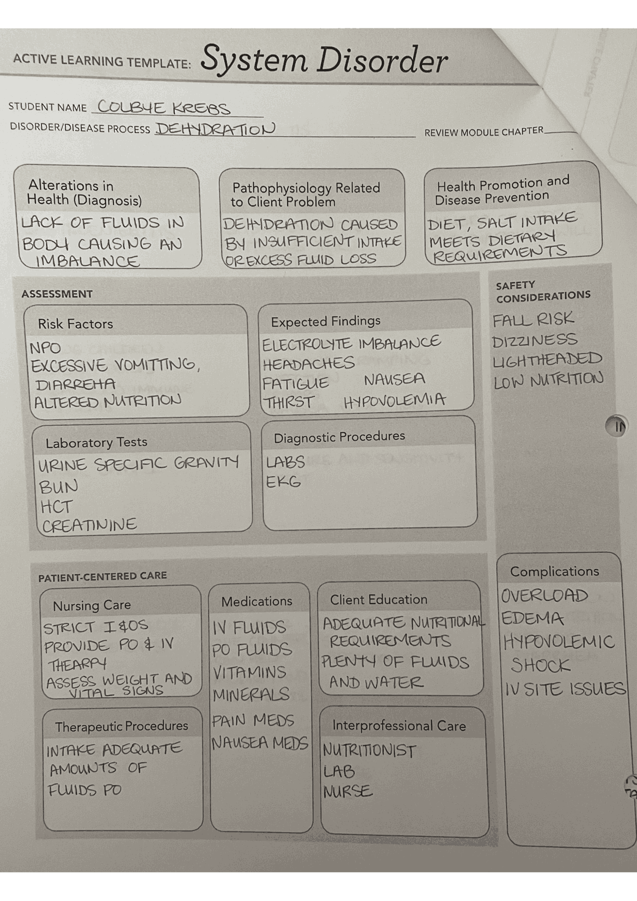 Active Learning Template System Disorder Dehydration Study Notes Nursing Docsity