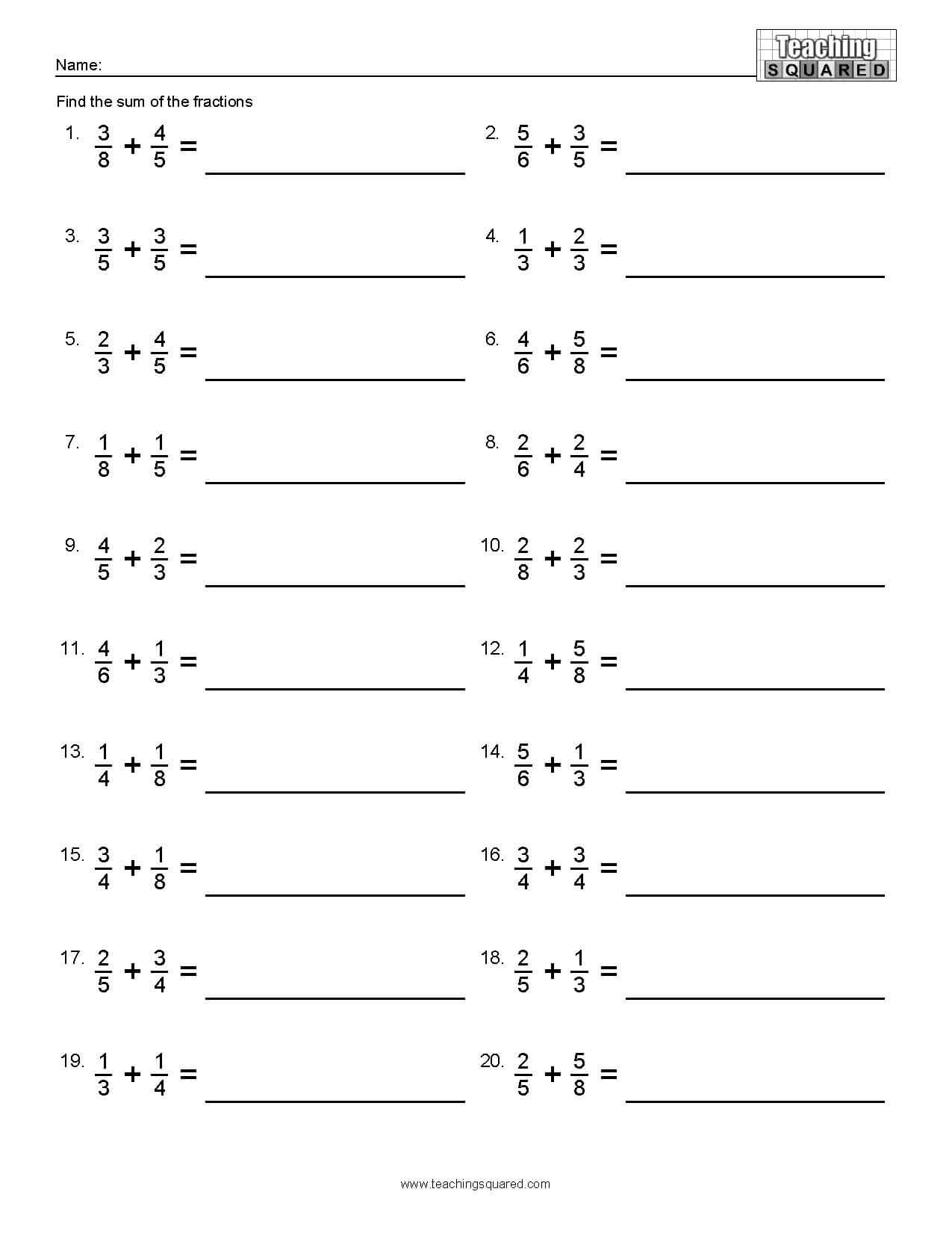 adding unlike fractions worksheet