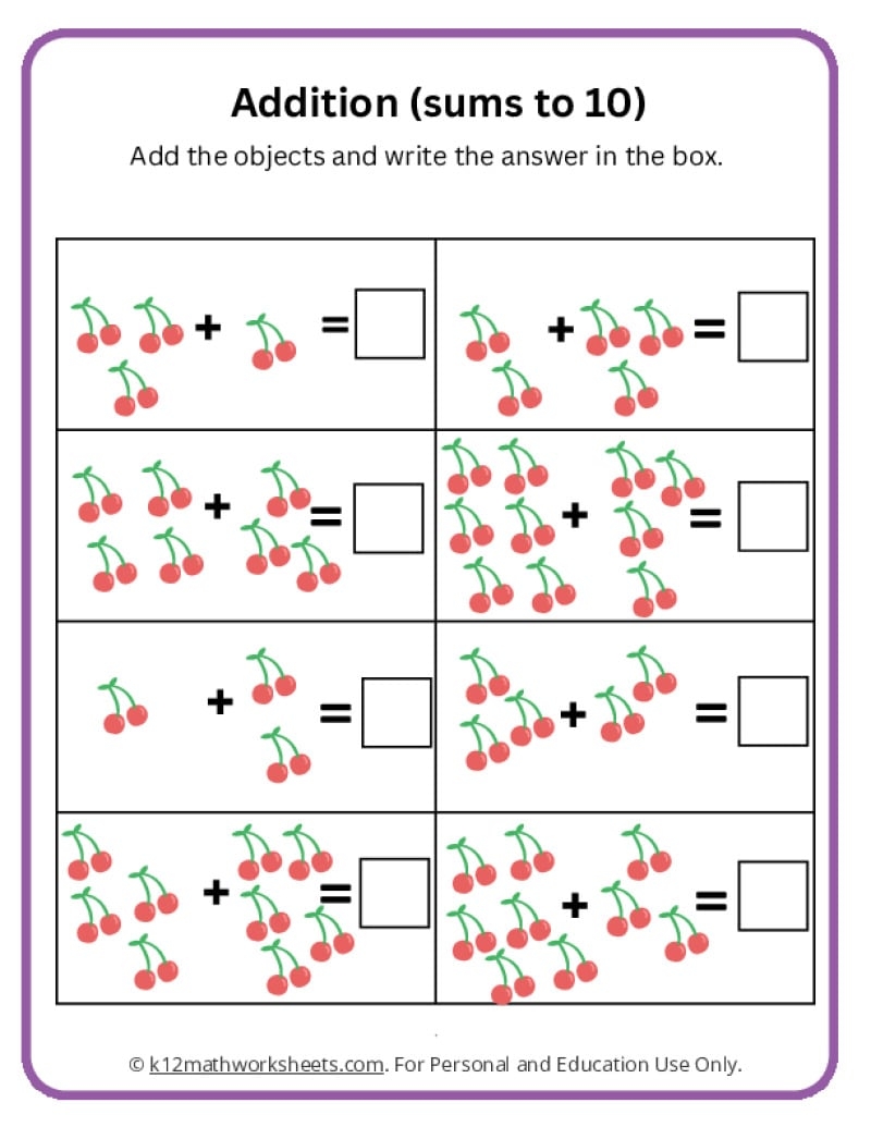 worksheet for kindergarten math addition