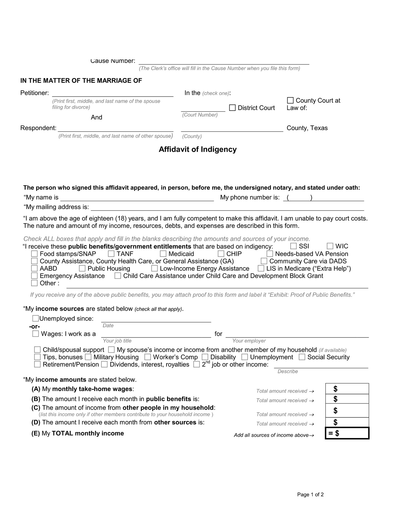 Affidavit Of Indigency Texas Download PDF Form