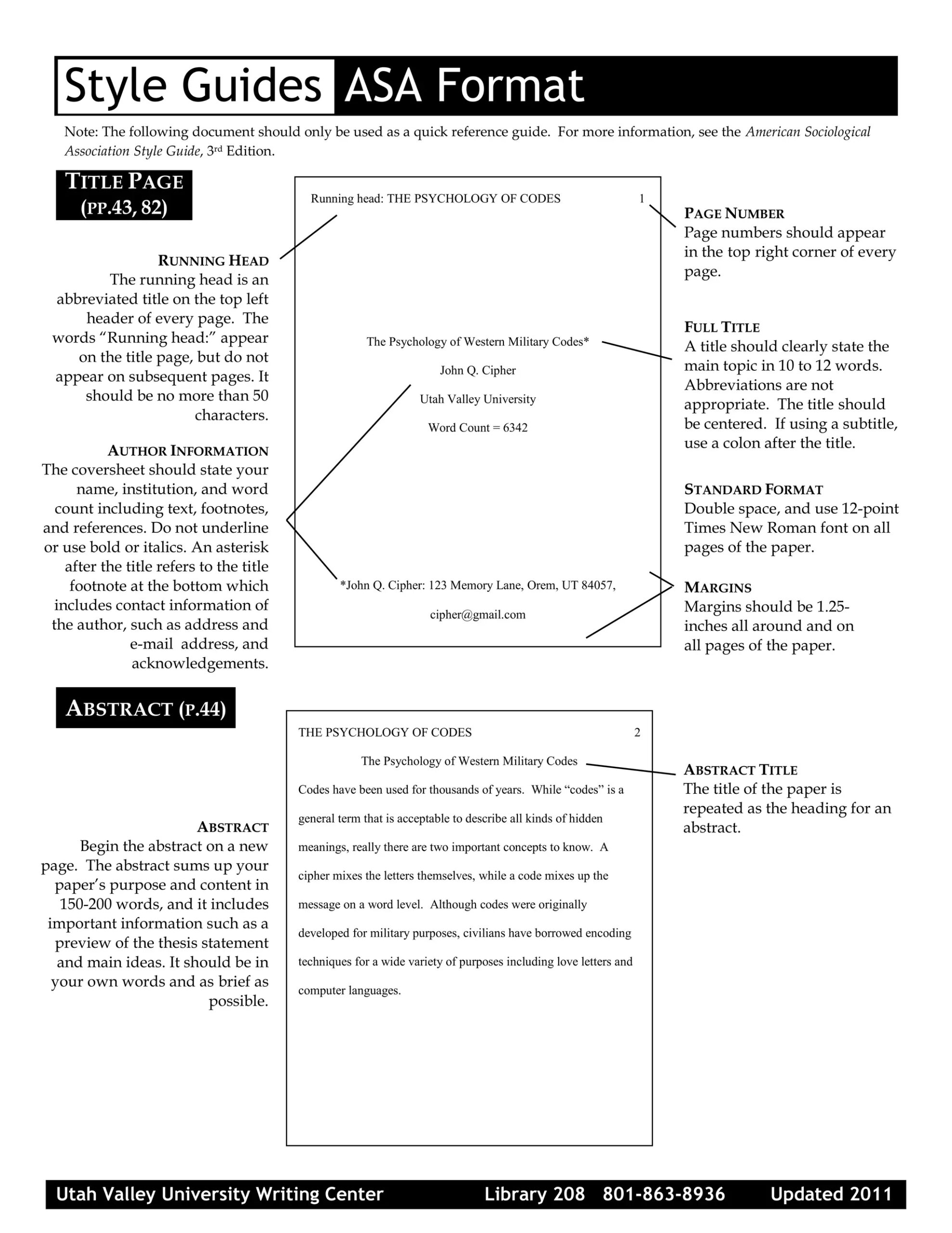 American Sociological Association Format By Utah Valley University Writing Center PDF