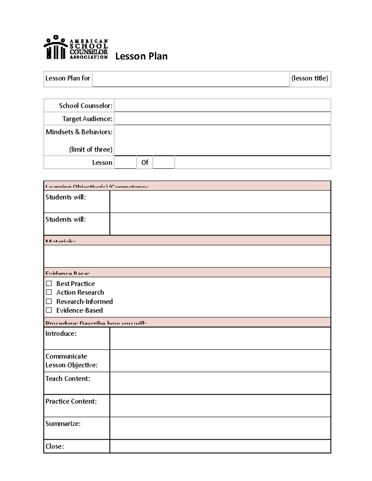 ASCA Lesson Plan Lesson Plan Lesson Plan For lesson Title School Counselor Target Audience Studocu