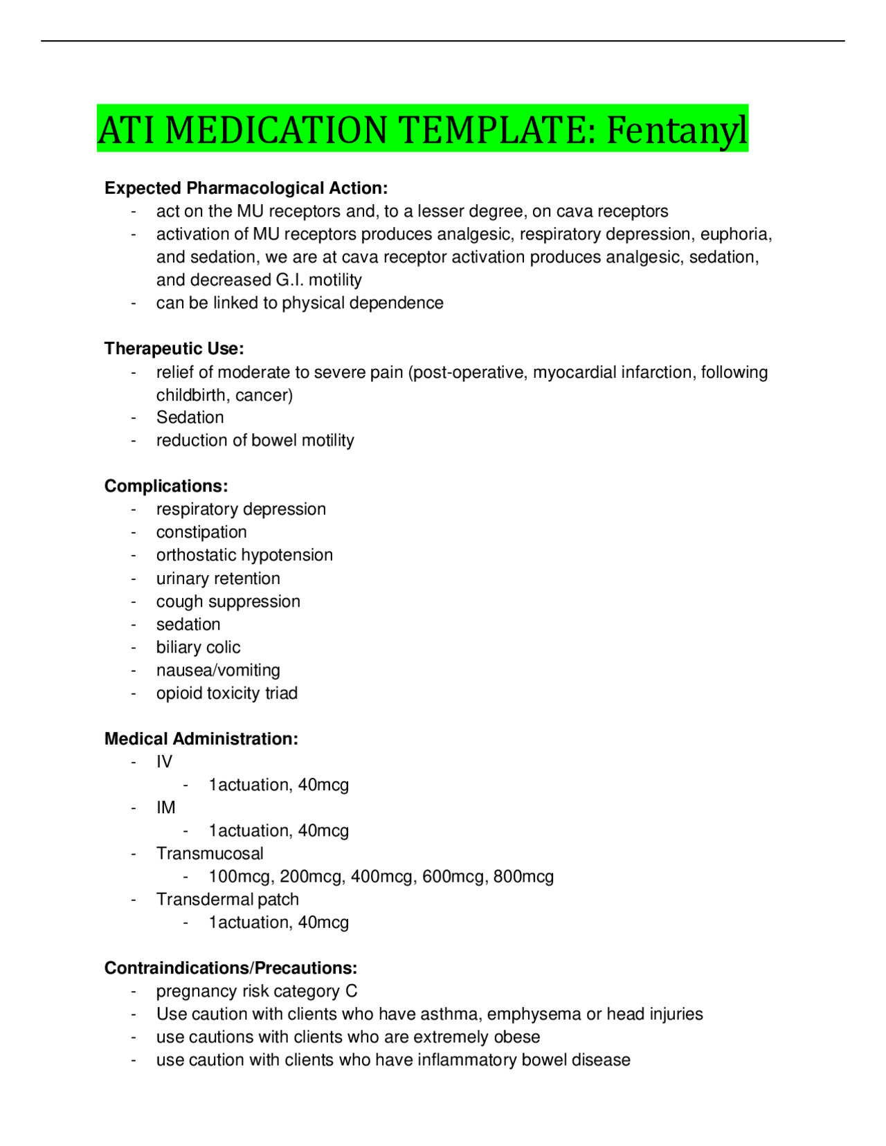 ATI Medication Template Fentanyl Exams Nursing Docsity
