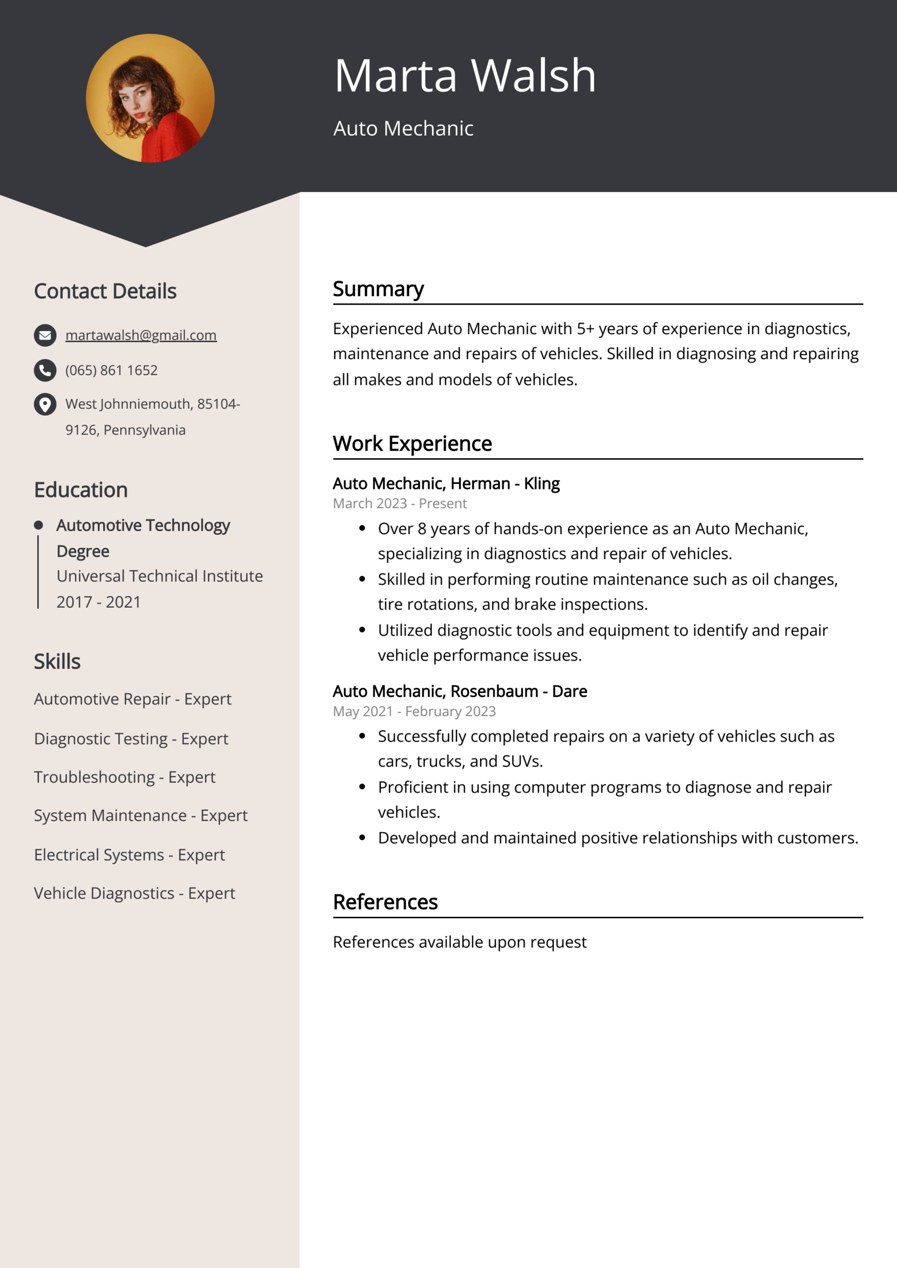 Auto Mechanic Resume Example Free Guide Auto Mechanic Resume Example Free Guide