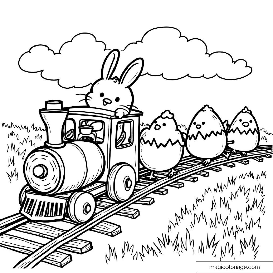 Baby Bunny And Chicks On A Fun Train Coloring Page
