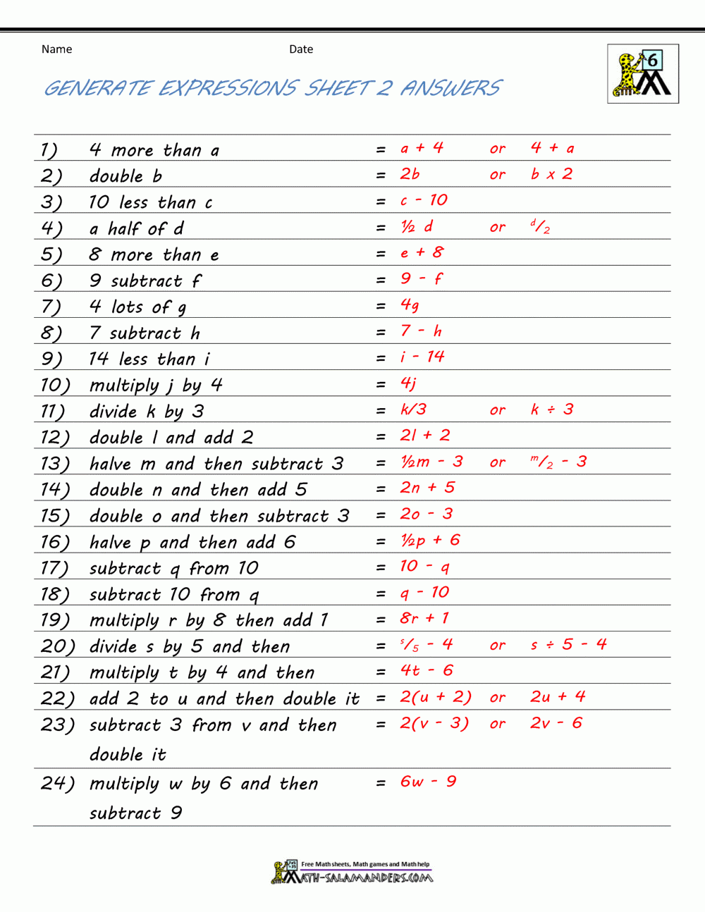 Basic Algebra Worksheets Basic Algebra Worksheets