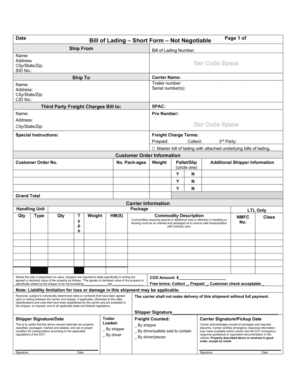 Bill Of Lading Template Free Word PDF
