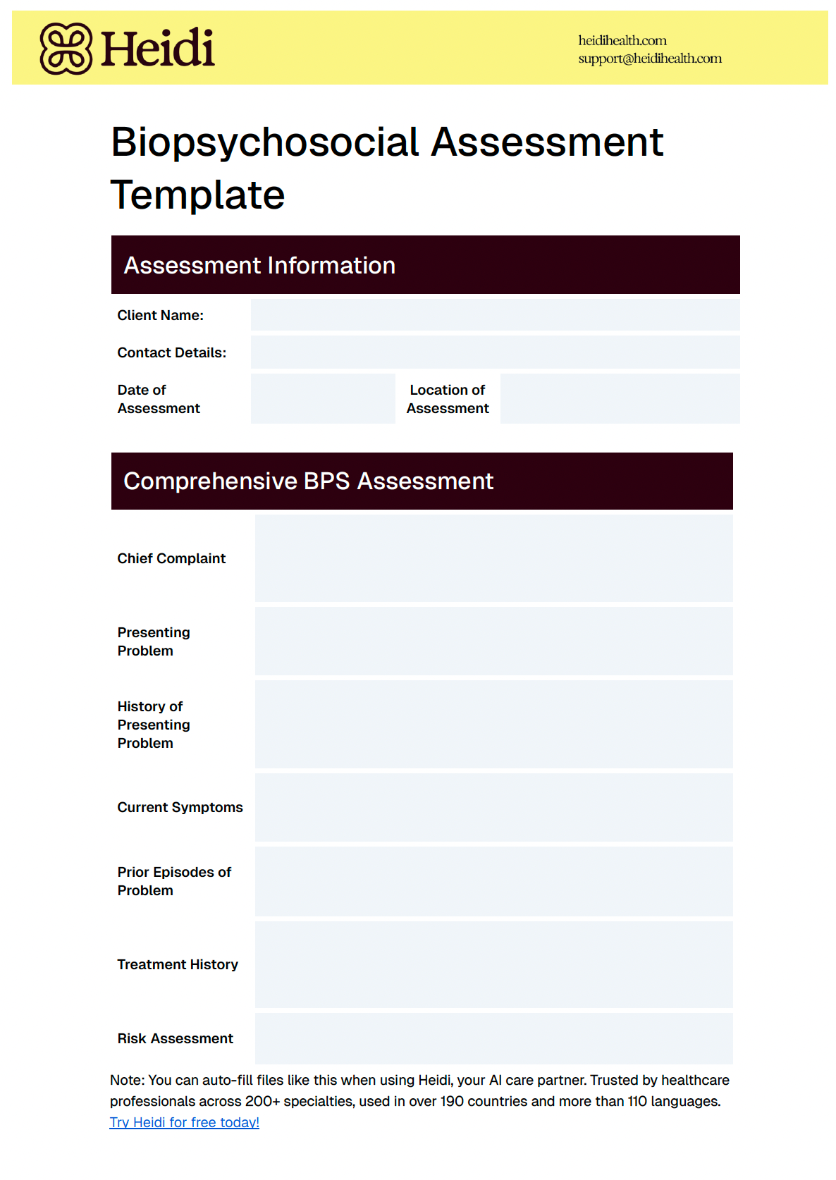 Biopsychosocial Assessment Template With Examples Heidi Health