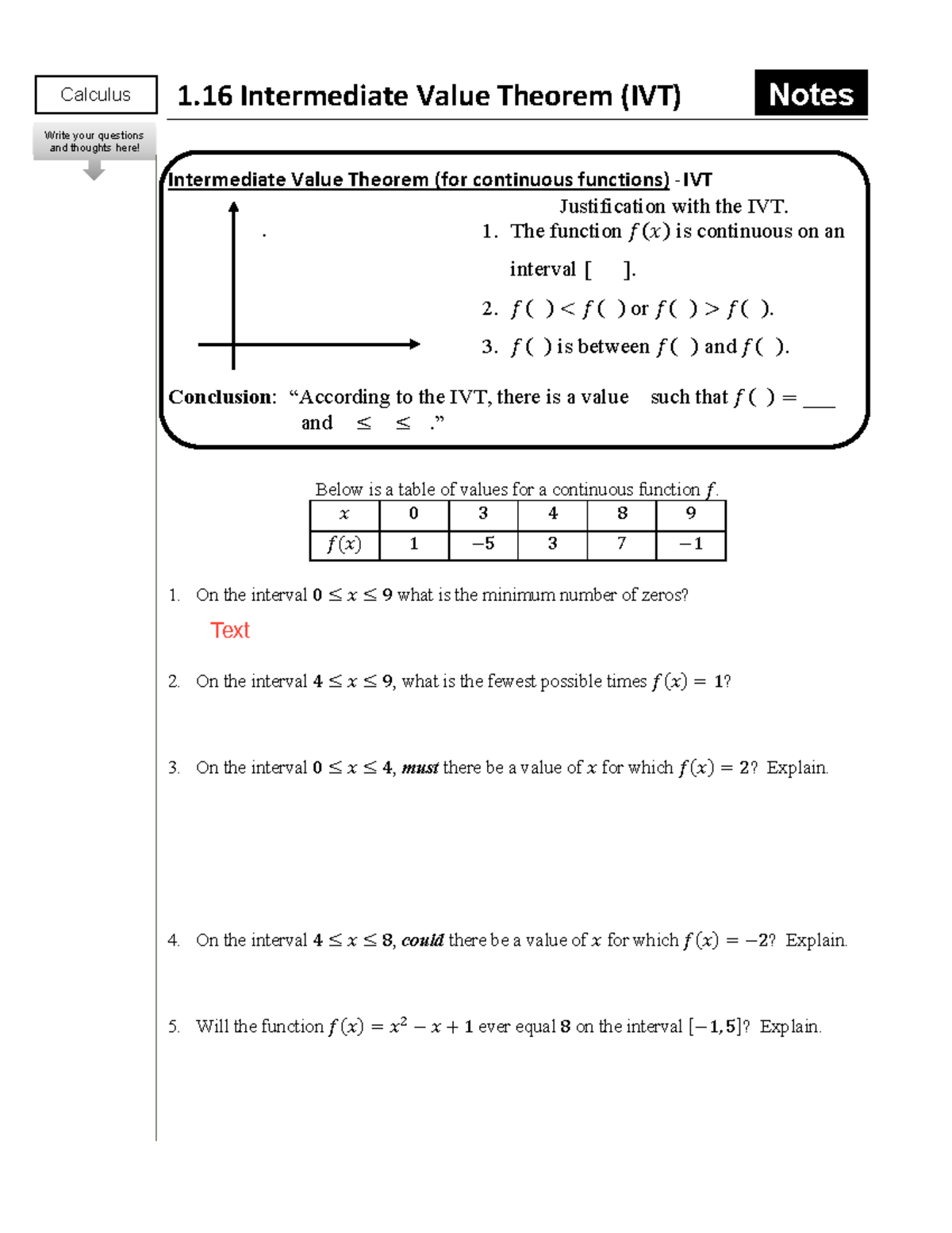 Calc 1 Notes On Intermediate Value Theorem IVT And Applications Studocu