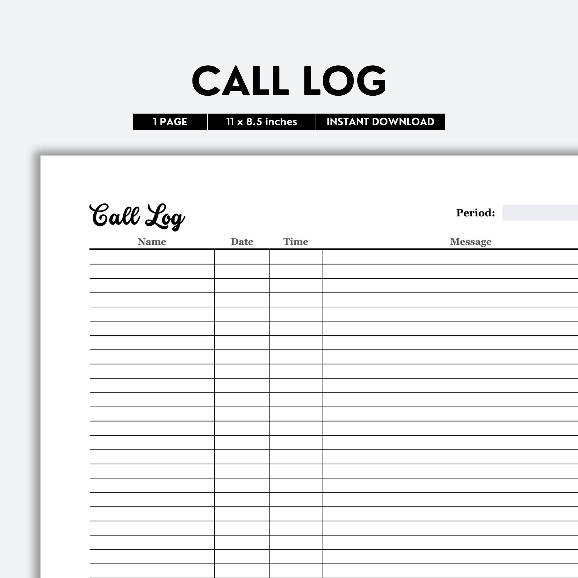 Call Log Printable B W PDF Track Phone Calls With Date Time Name Notes Simple Communication Log Sheet Digital Download Etsy