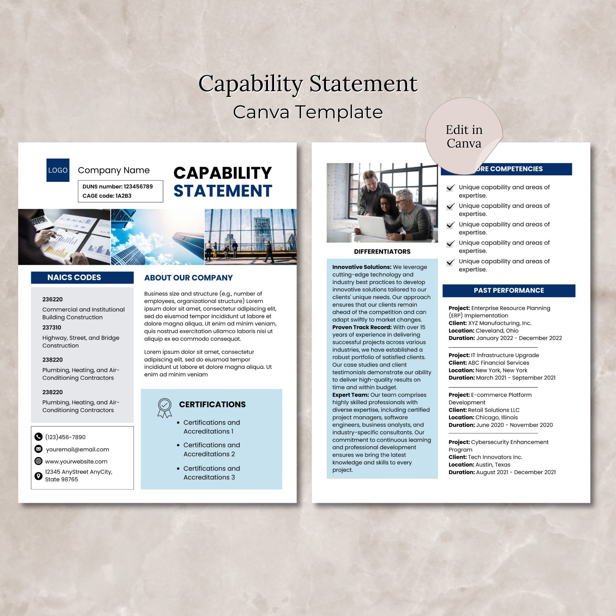 Capability Statement Canva Template Editable Capability Statement Document Government Contracting Business Document Template Construction Etsy