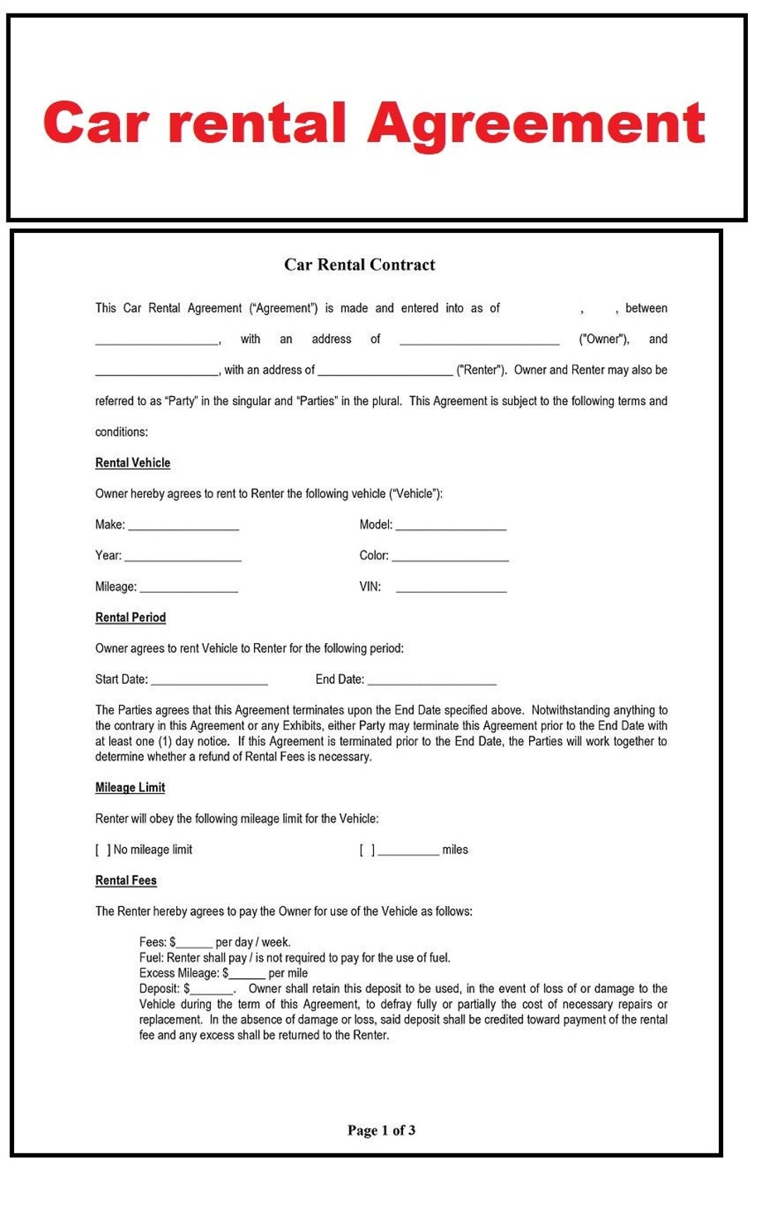 Car Rental Agreement Vehicle Rental Agreement Car Rentals Contract Editable Word And PDF File Instant Download Etsy