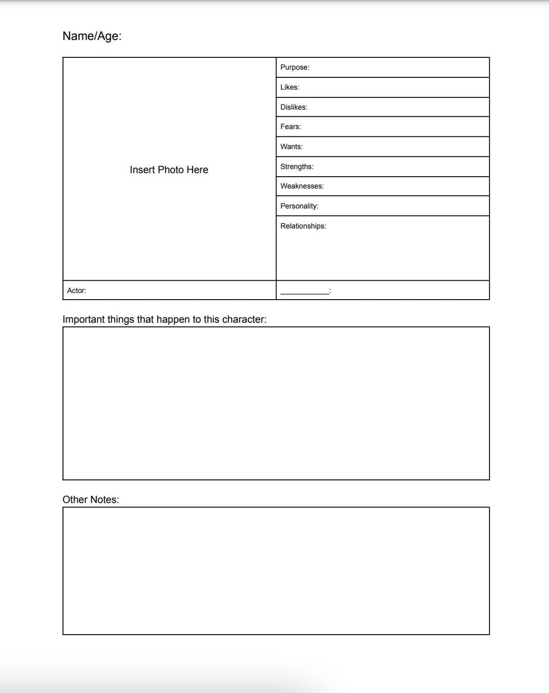 Character Profile Template Etsy