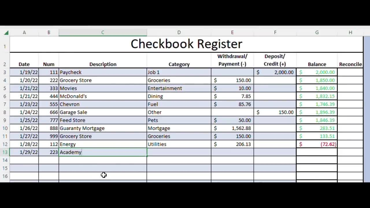 Checkbook Register Excel Spreadsheet Etsy