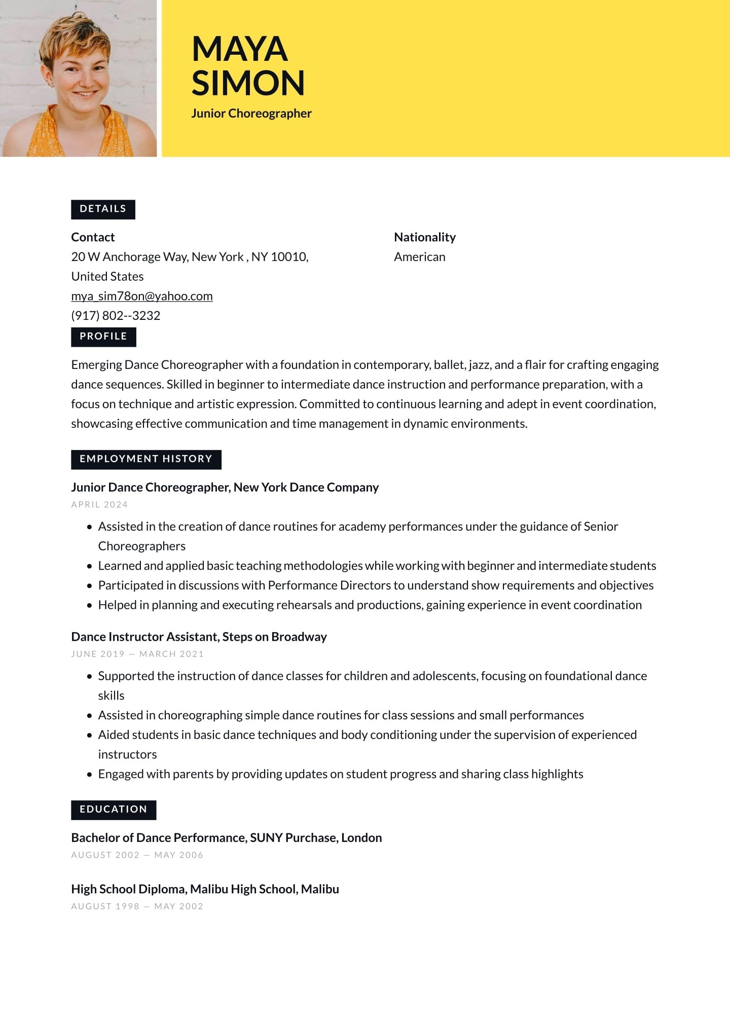 Choreographer Resume Examples Templates 2026 Resume io