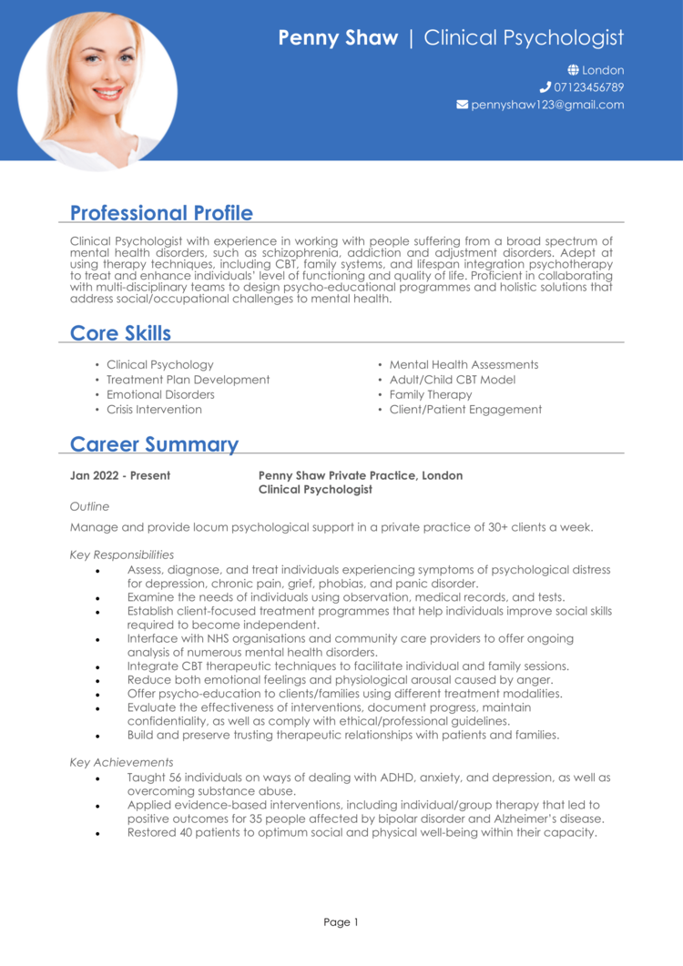 Clinical Psychologist CV Example And Guide Land Top Jobs 