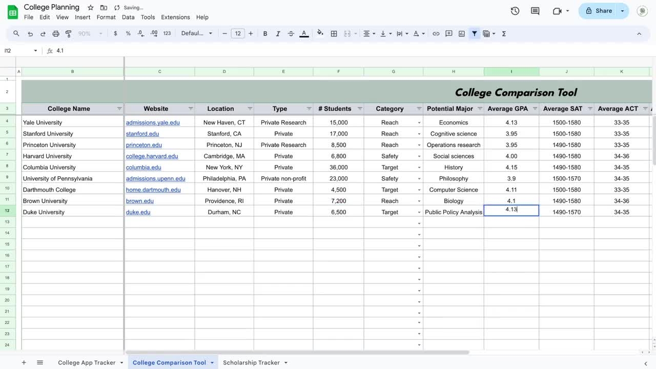 College Application Tracker Google Sheets Planner Comparison Tool instant Digital Download Etsy