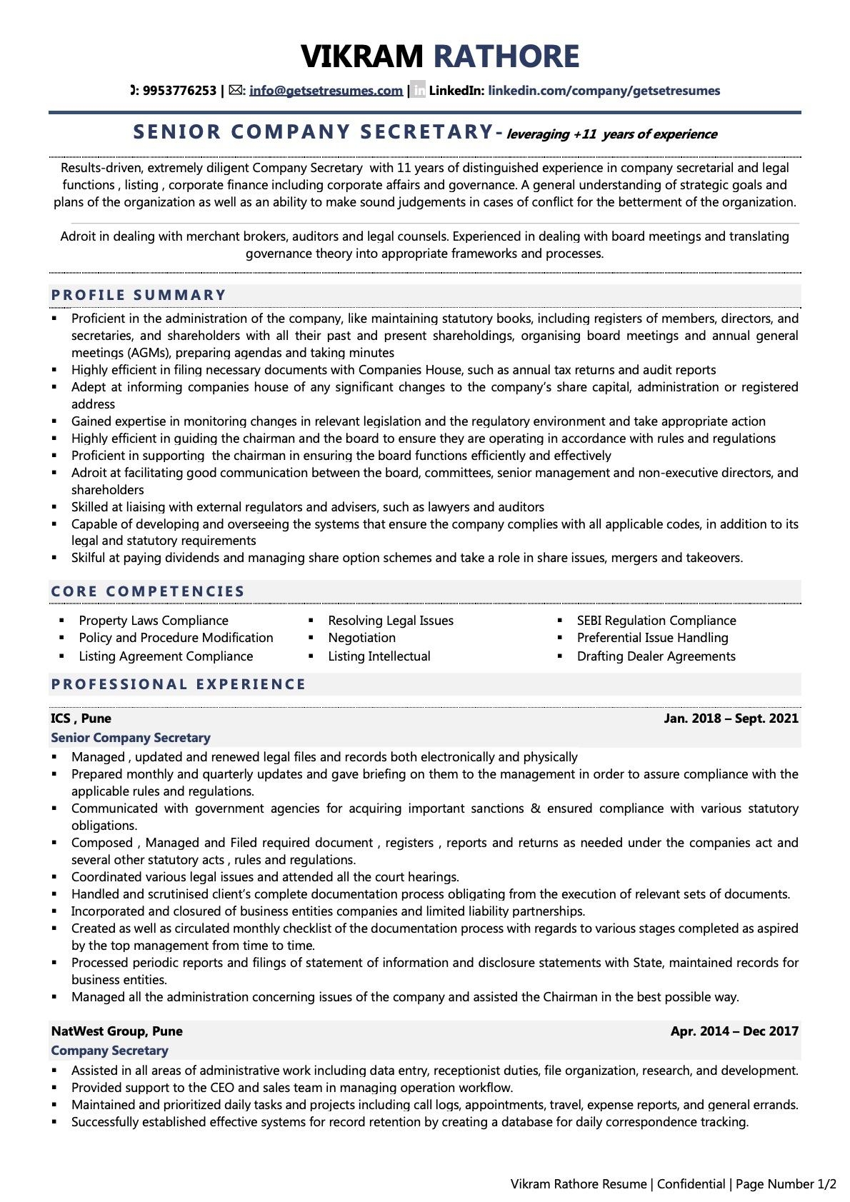 Company Secretary Resume Examples Template with Job Winning Tips