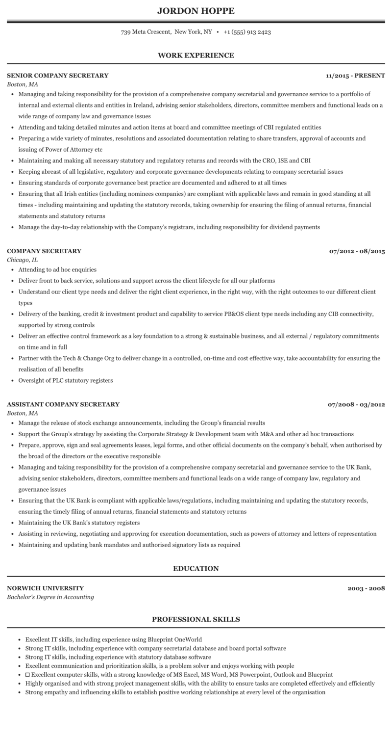 Company Secretary Resume Sample MintResume
