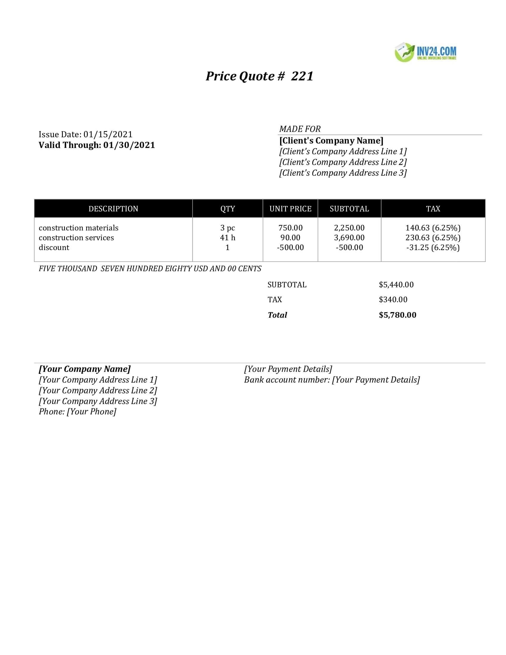 Construction Quote Template Word Google Docs 