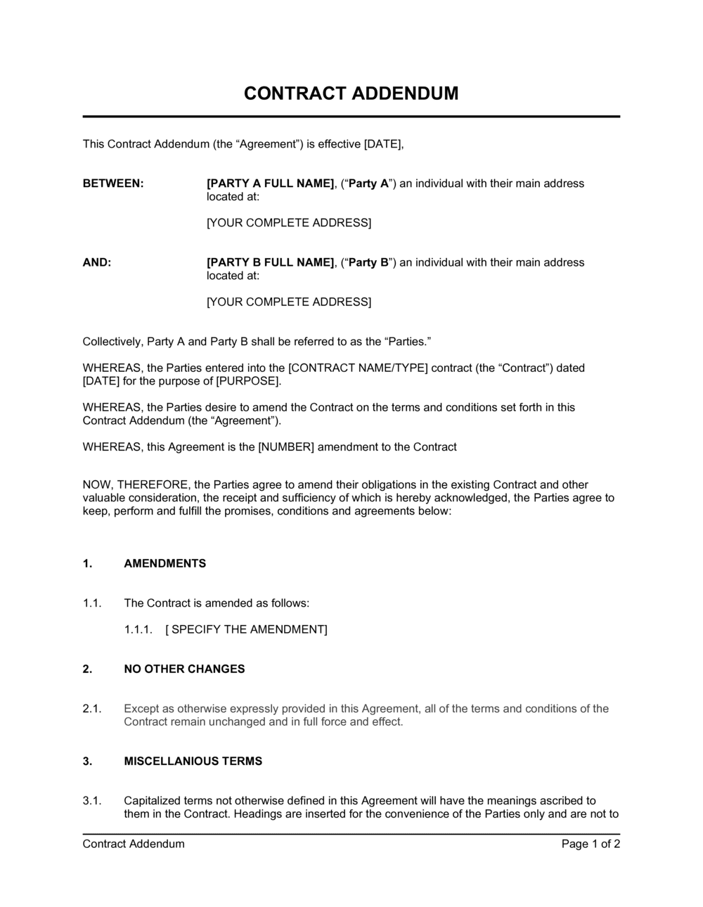 Contract Addendum Template Free Word PDF