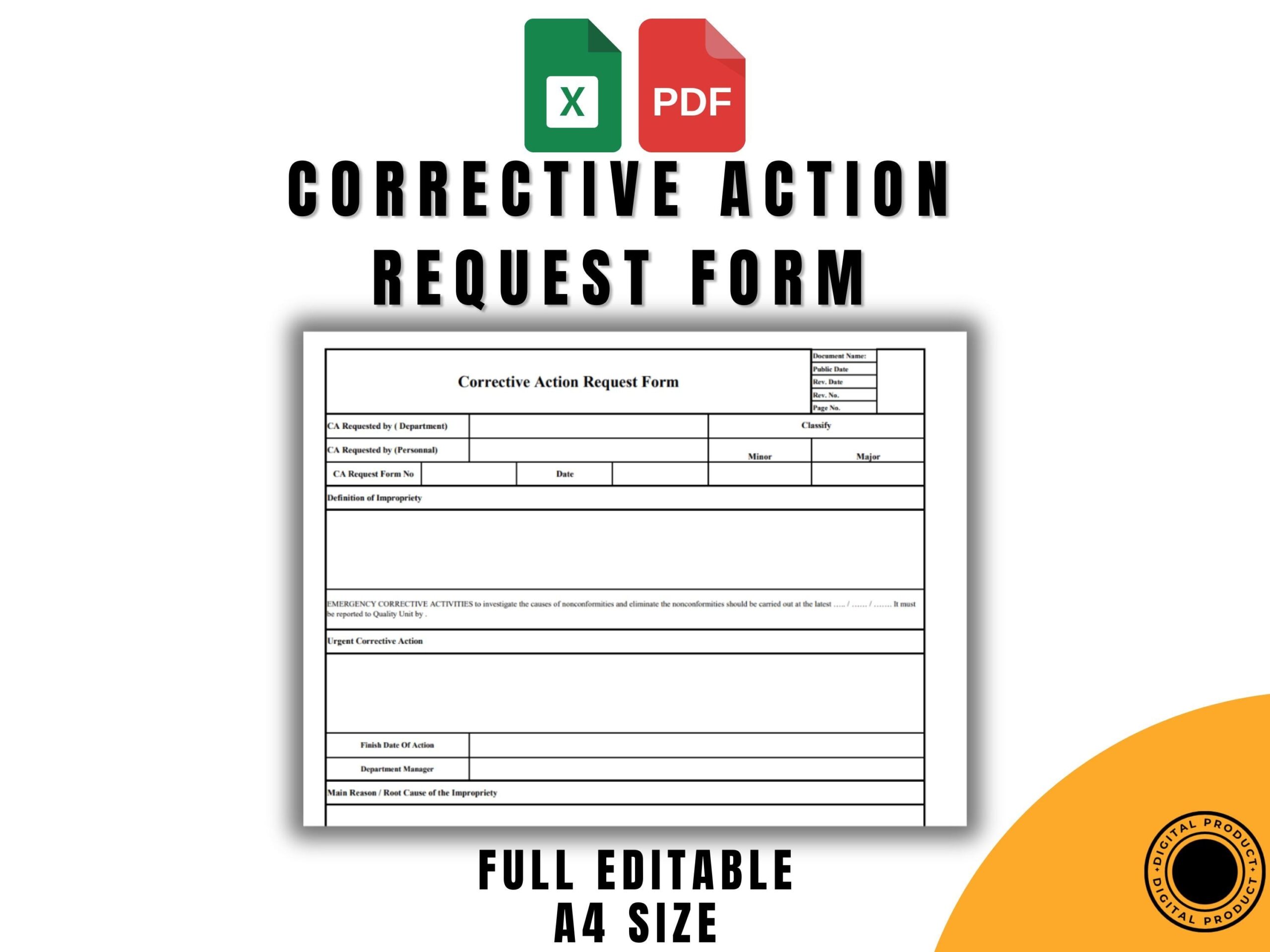 Corrective Action Request Form Template ISO 9001 Compliant Editable And Printable PDF Quality Management Tool Problem Resolution Guide Etsy