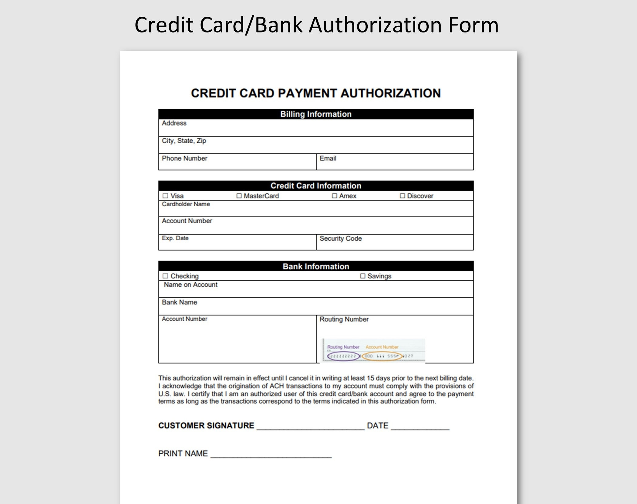 Credit Card Authorization Form Client Intake PDF Word Google Docs Etsy
