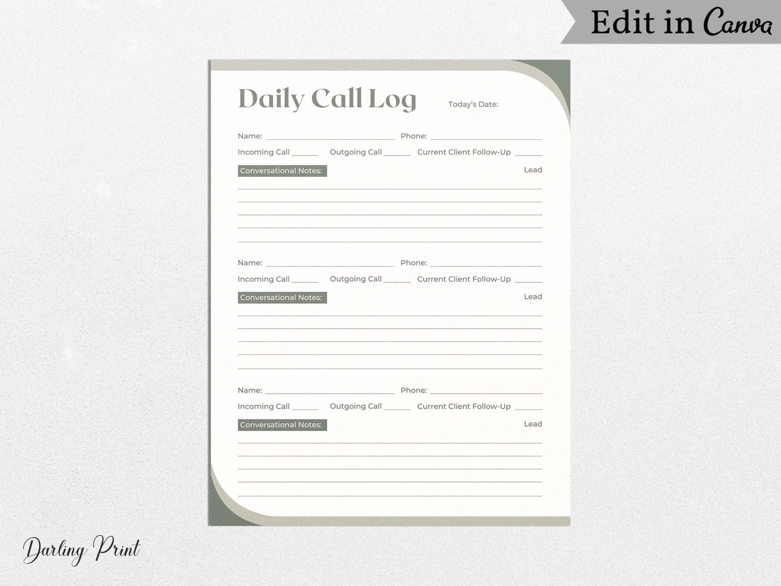 Daily Call Log Real Estate Lead Tracker Realtor Form Realtor Daily Call Sheet Realtors Lead Tracker Daily Call Log Realtor Cold Call Etsy