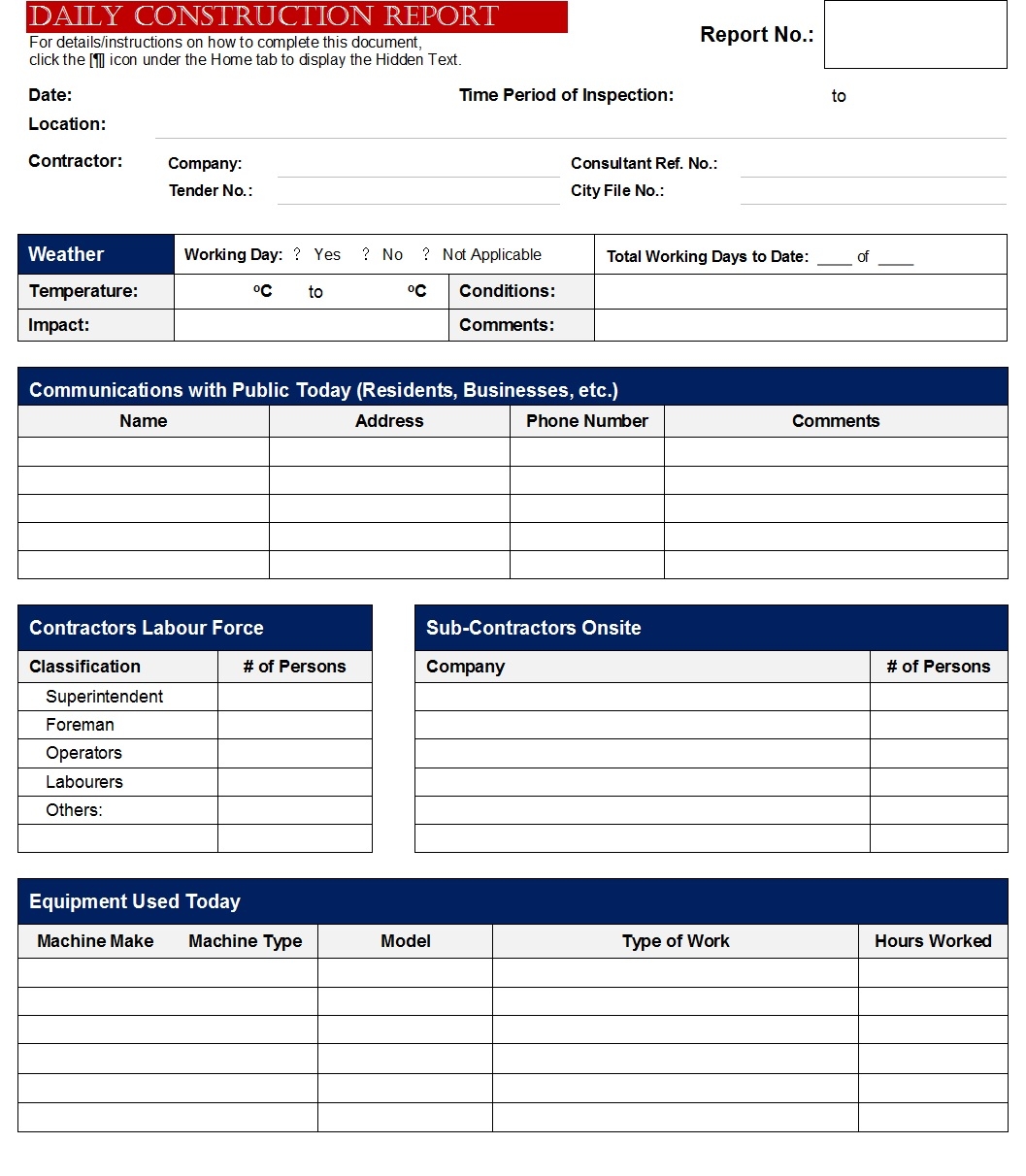 Daily Construction Report Templates Free Report Templates