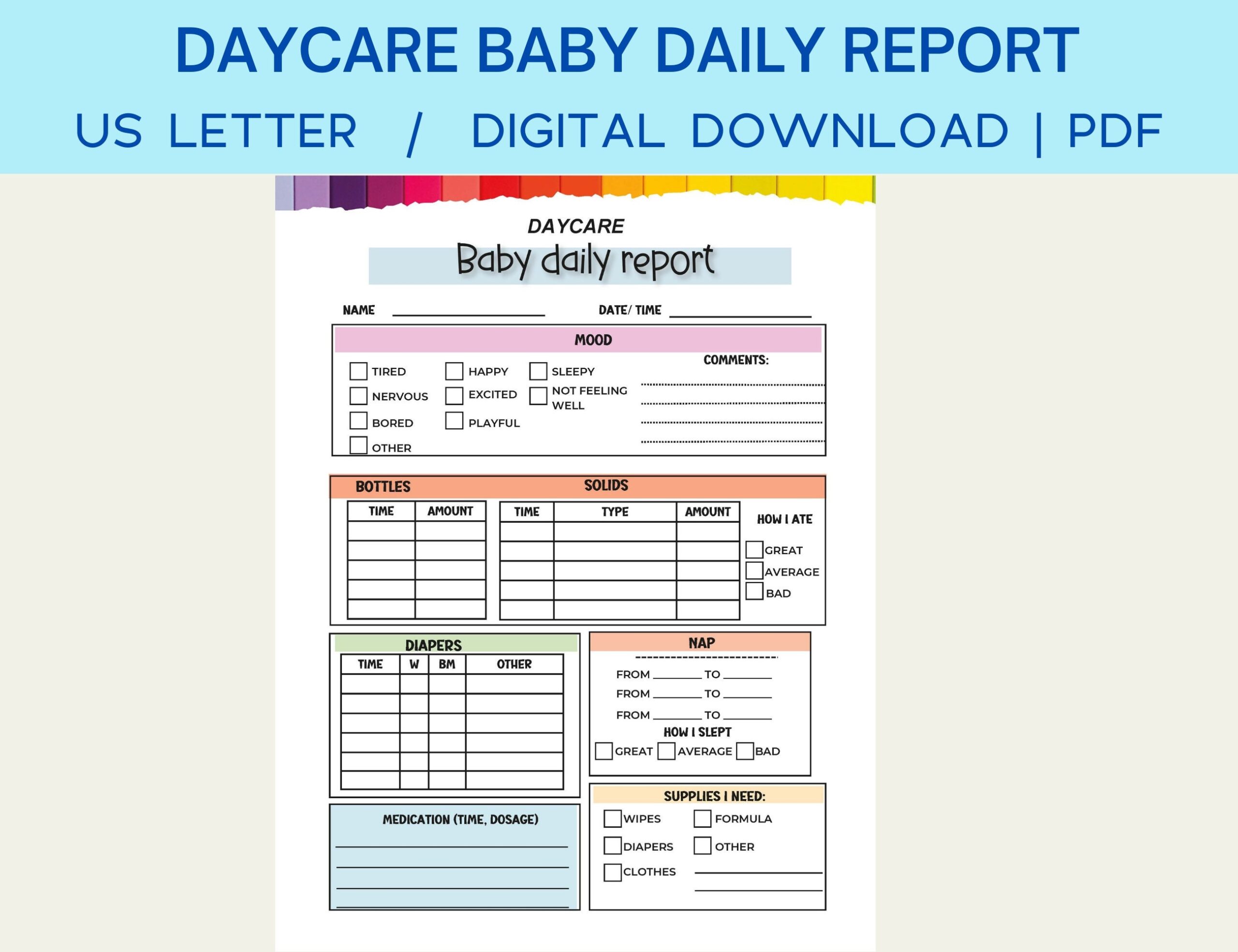 Daycare Baby Daily Report Fillable Infant Daily Log Baby Report Sheet Etsy