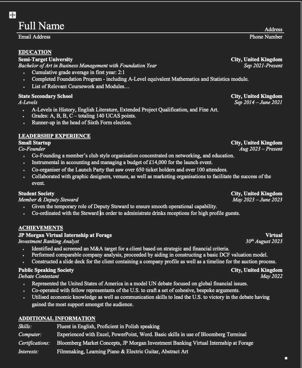 Destroy CV Advice Wall Street Oasis