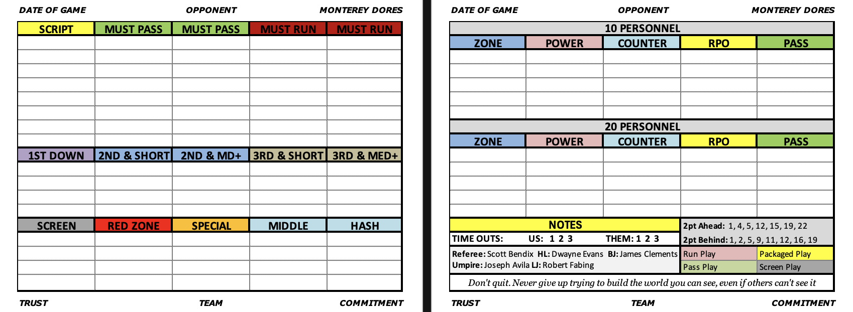 Download My Game Day Play Call Sheet The Spread Offense