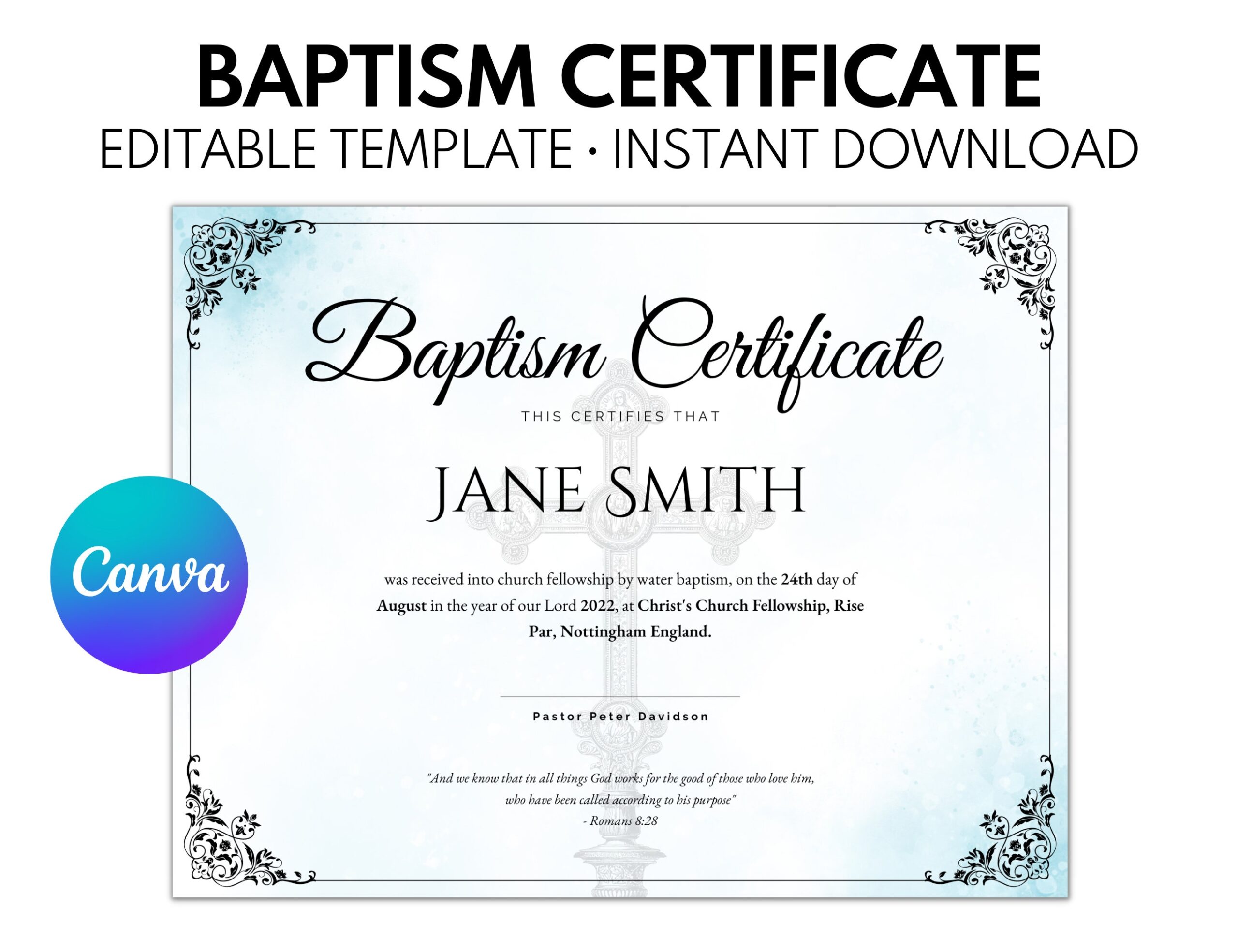 Editable Certificate Of Baptism Template Baptism Certificate Keepsake For Family Personalized Child s Baptism Water Baptism Etsy
