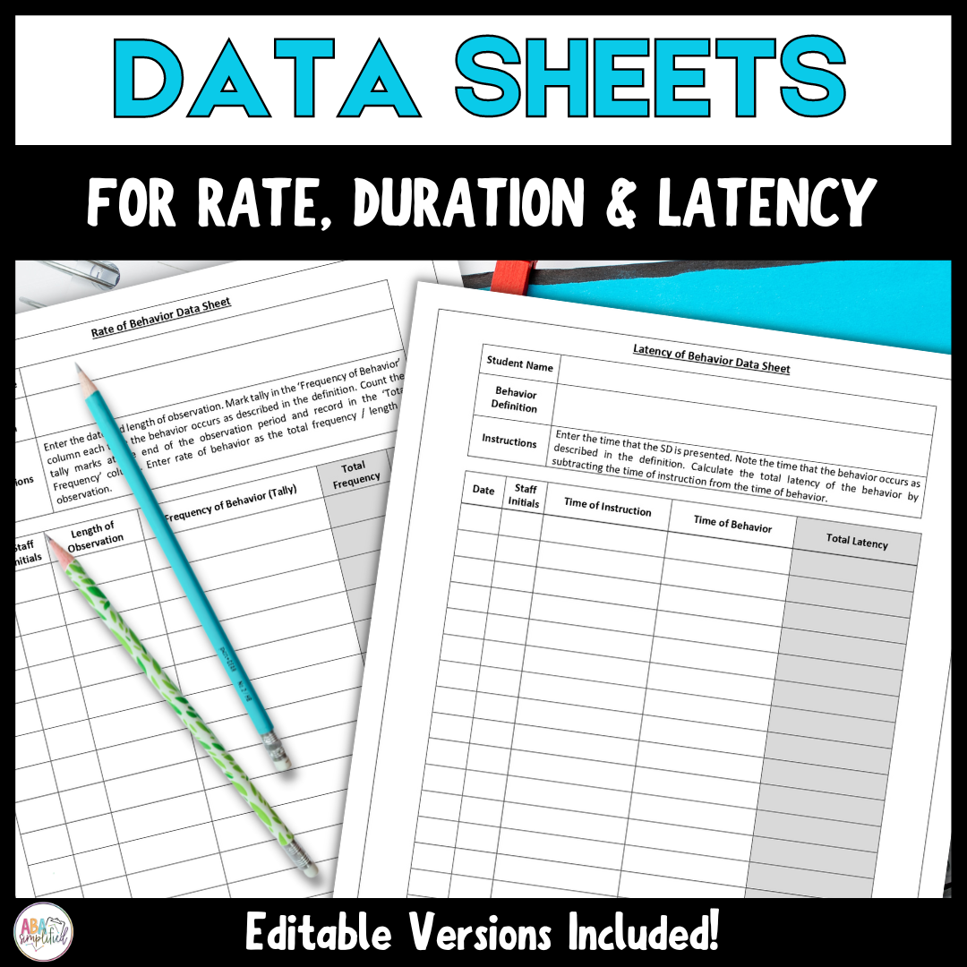 Editable Data Sheets For Rate Duration And Latency Recording ABA Therapy Made By Teachers
