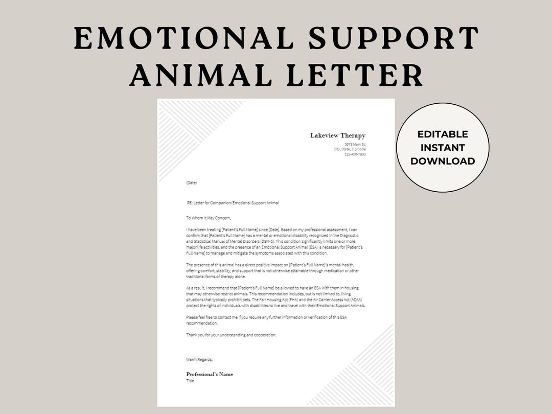 Emotional Support Animal Letter ESA Letter ESA Letter Template Service Animal SOAP Notes Therapy Dap Note Esa Template Therapist Note Etsy