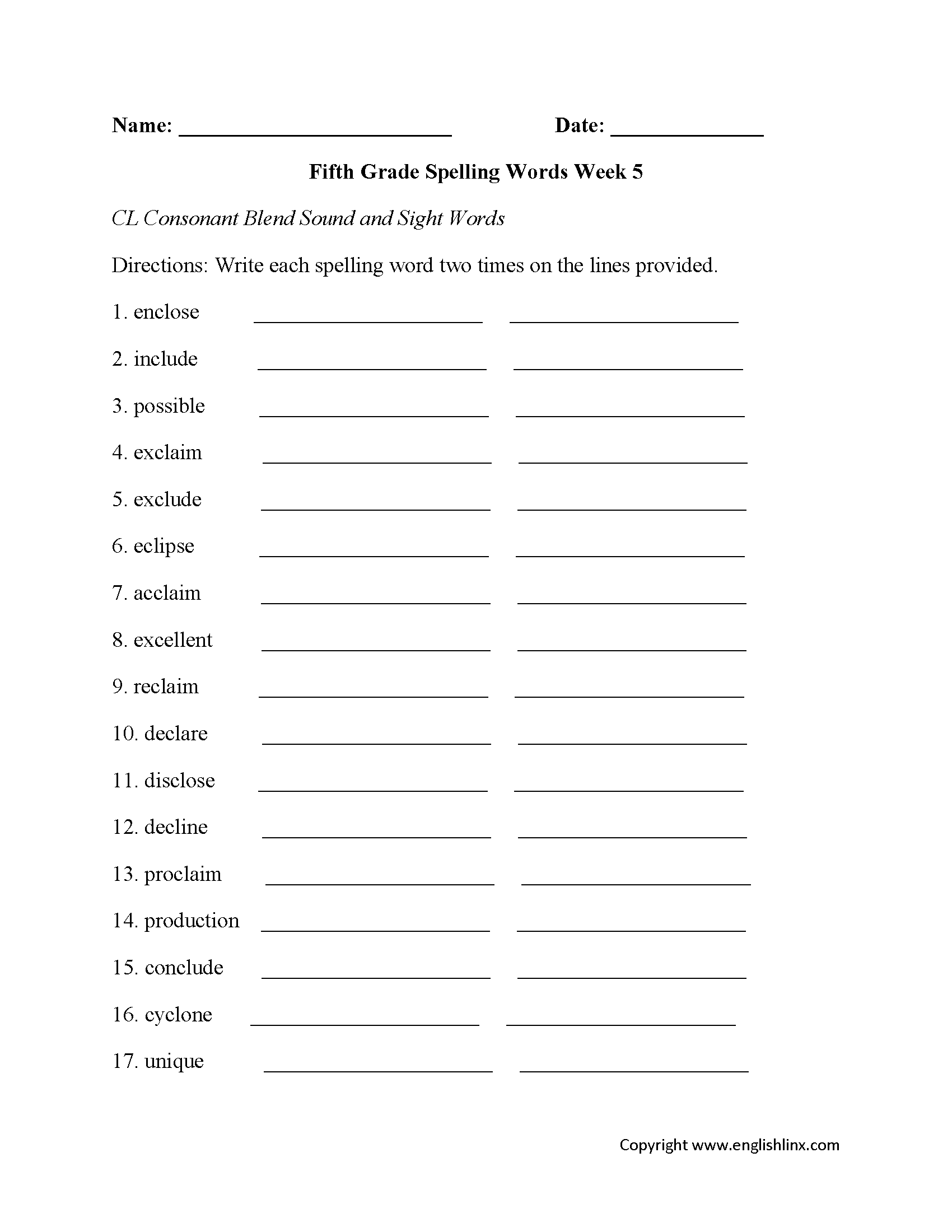 Fifth Grade Spelling Worksheets Printable Word Lists Weekly Practice
