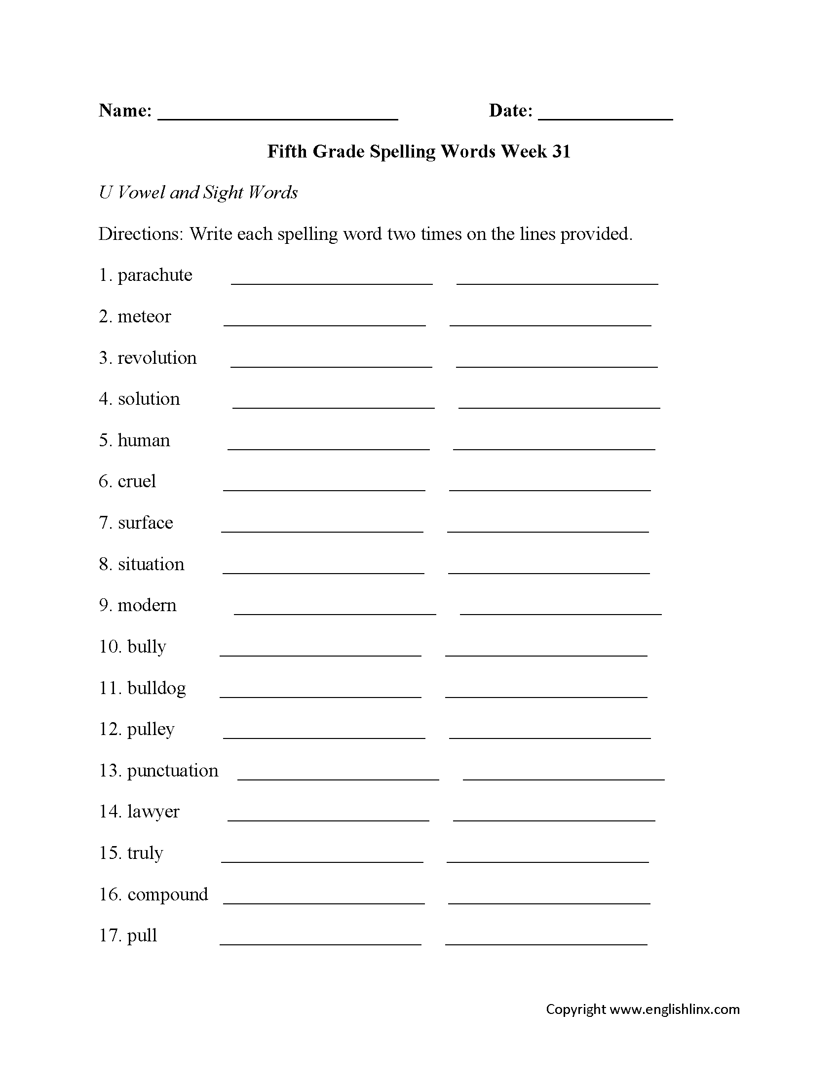 Fifth Grade Spelling Worksheets Printable Word Lists Weekly Practice