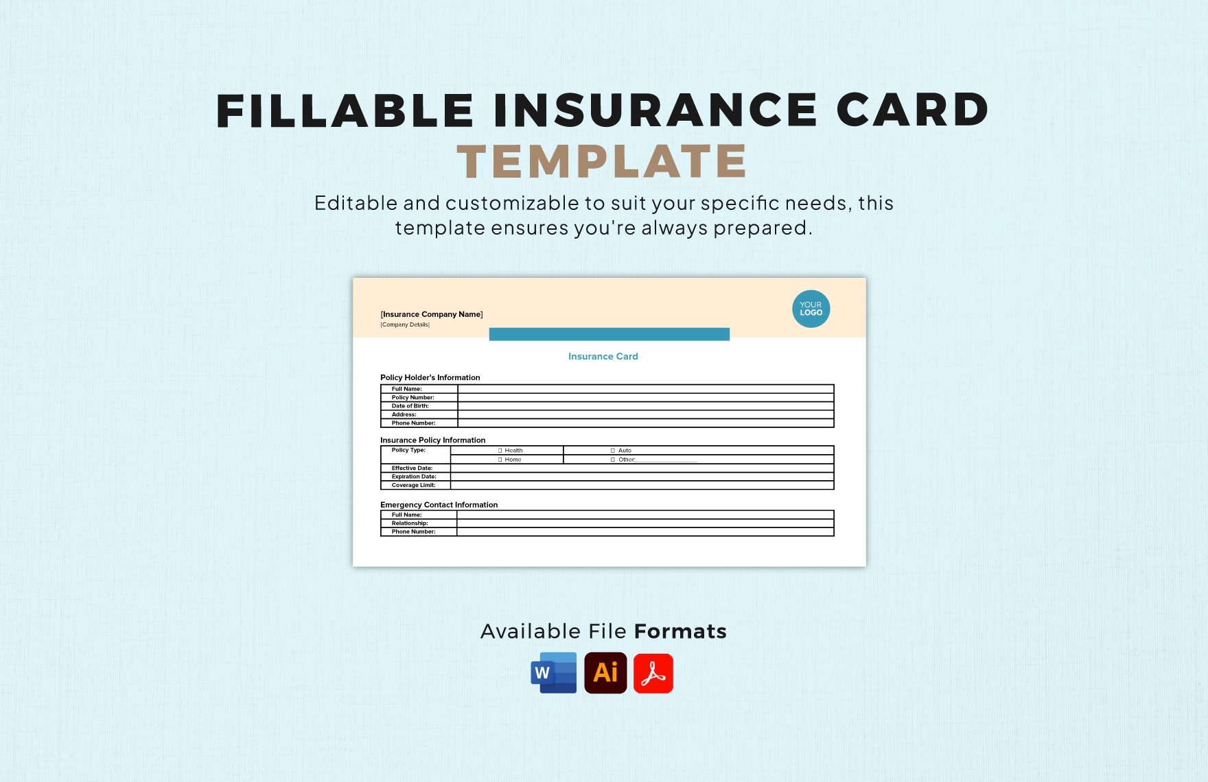 Fillable Insurance Card Template In Illustrator PDF Word Download Template