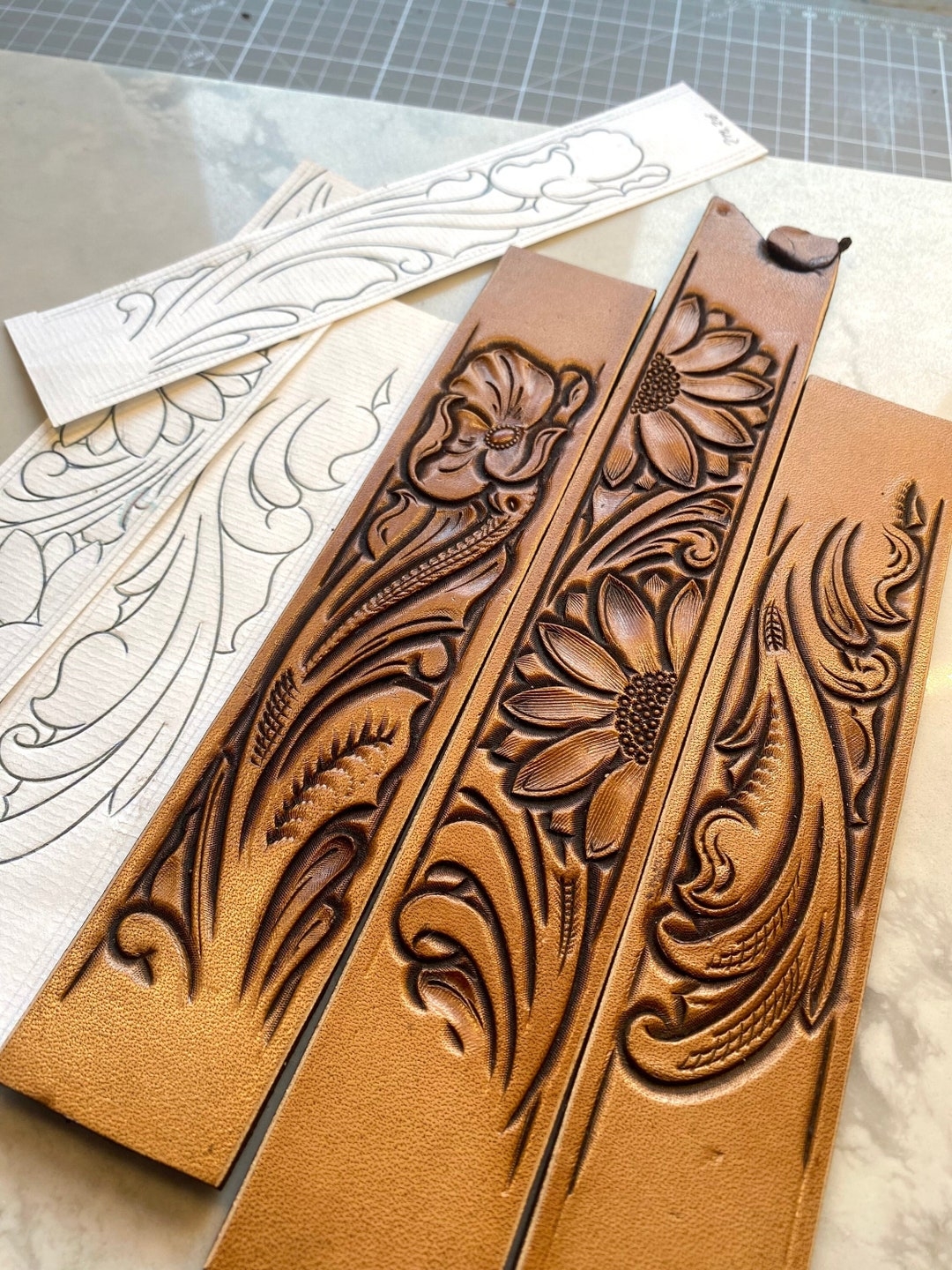 Floral Sunflower Leather Belt Tooling Patterns Western Carving Stencils PDF Etsy