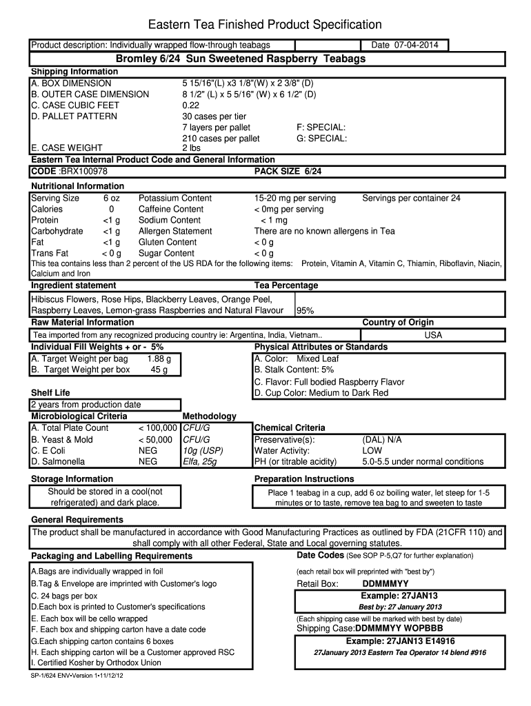 Food Product Specification Sheet Template Fill Out Sign Online DocHub