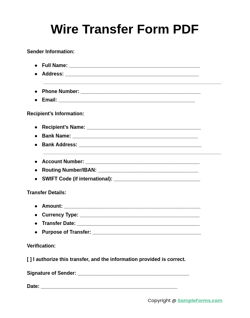 FREE 15 Wire Transfer Form Samples PDF MS Word Google Docs Excel