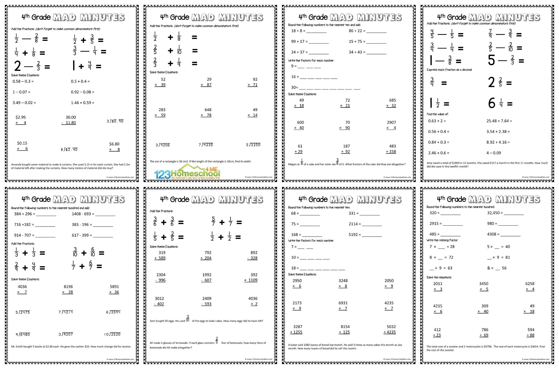 4 grade math worksheets