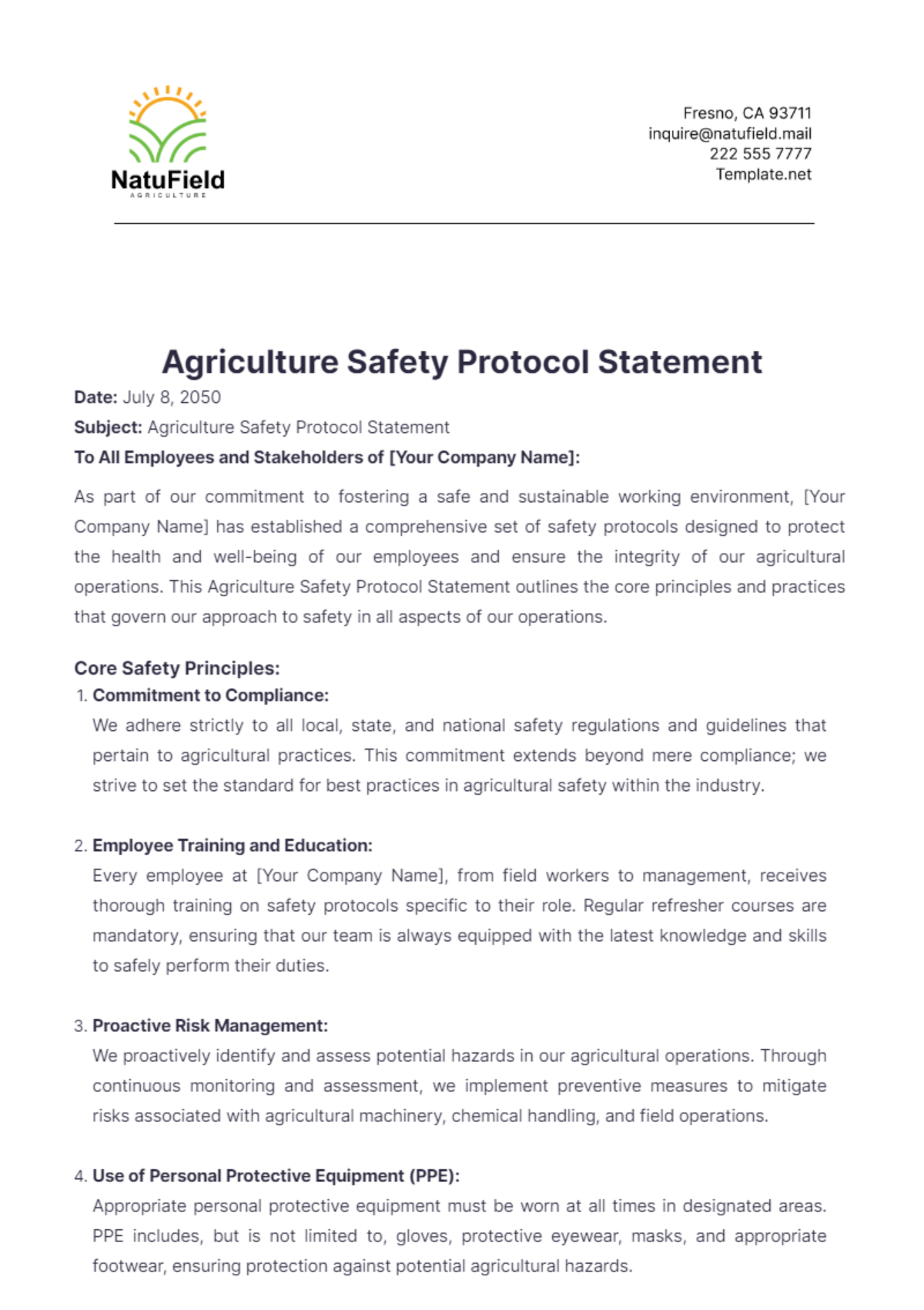 Free Agriculture Safety Protocol Statement Template To Edit Online