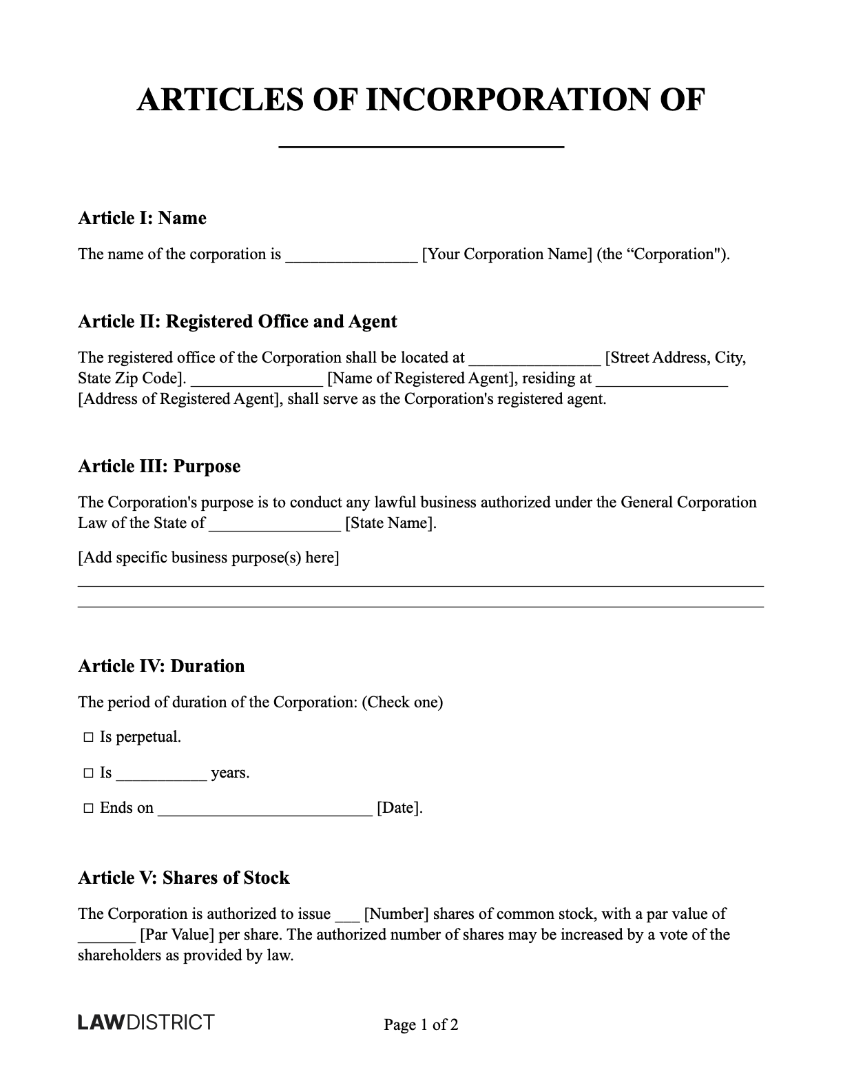 Free Articles Of Incorporation PDF Sample Lawdistrict Free Articles Of Incorporation PDF Sample Lawdistrict