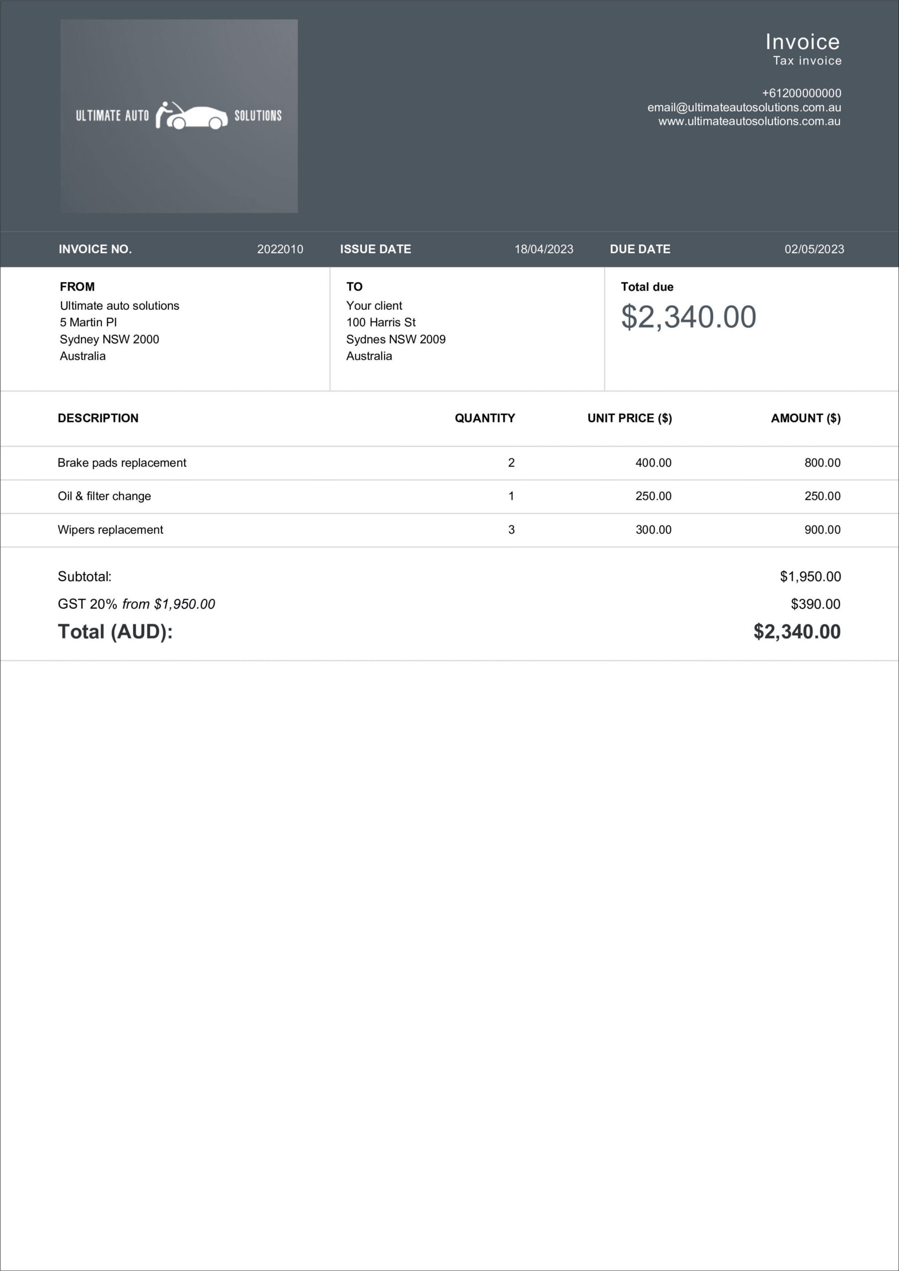 auto repair invoice template