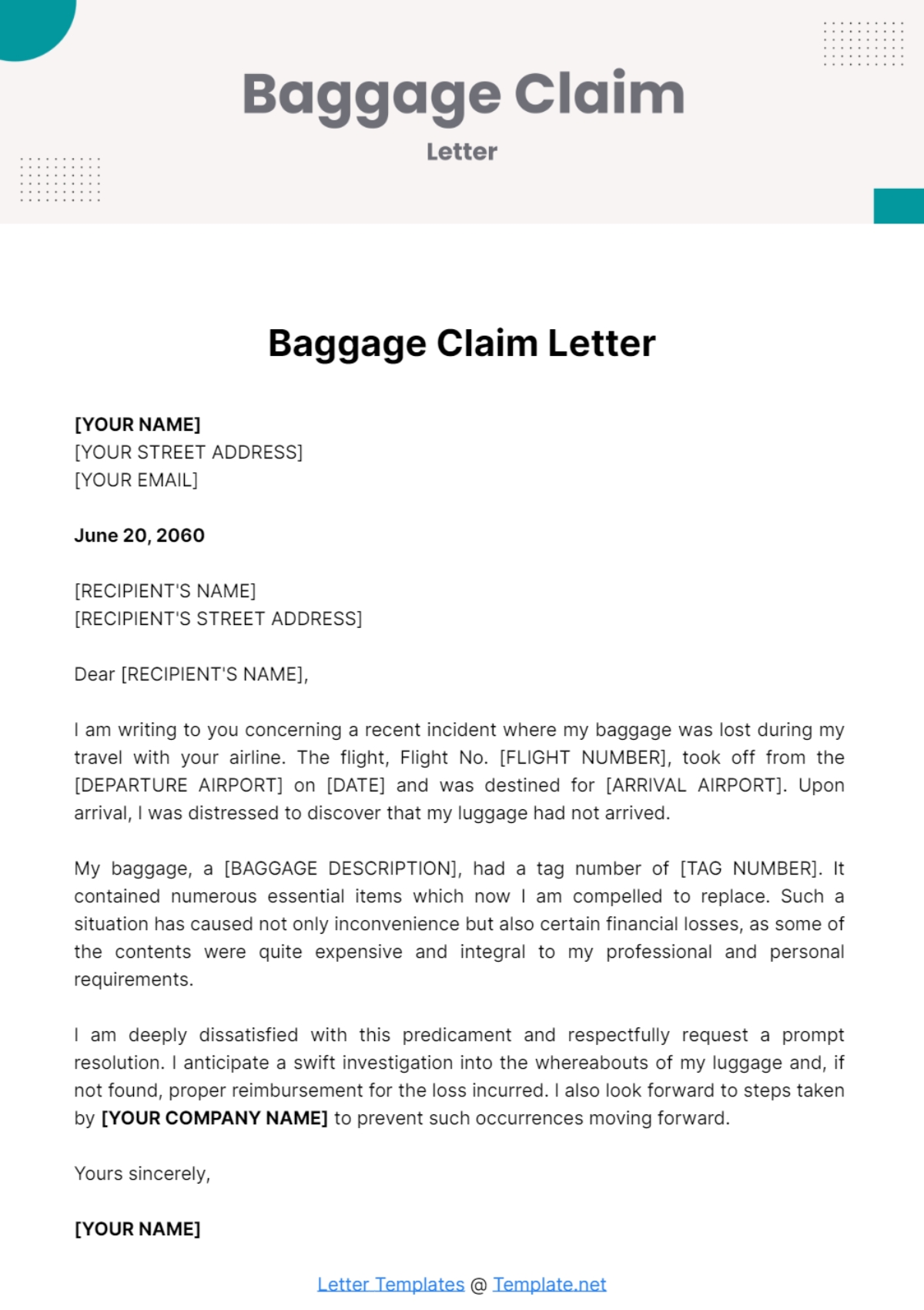 Free Baggage Claim Letter Template To Edit Online