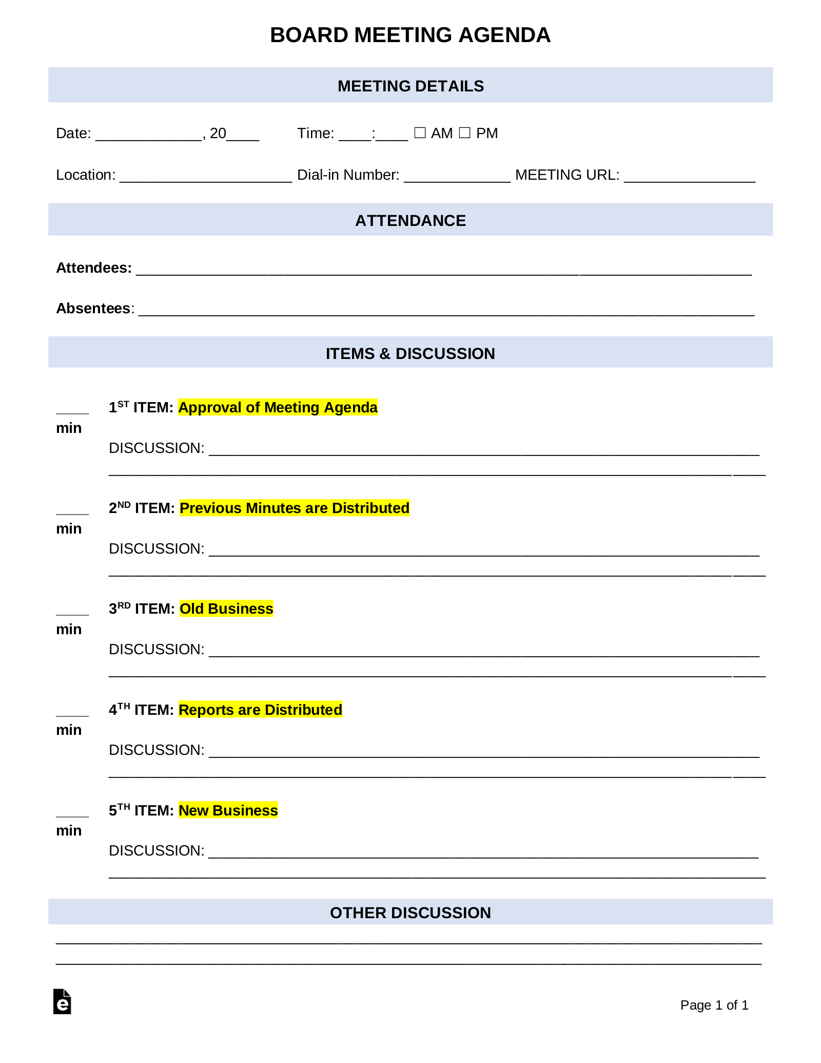 Free Board Meeting Agenda Template PDF Word EForms