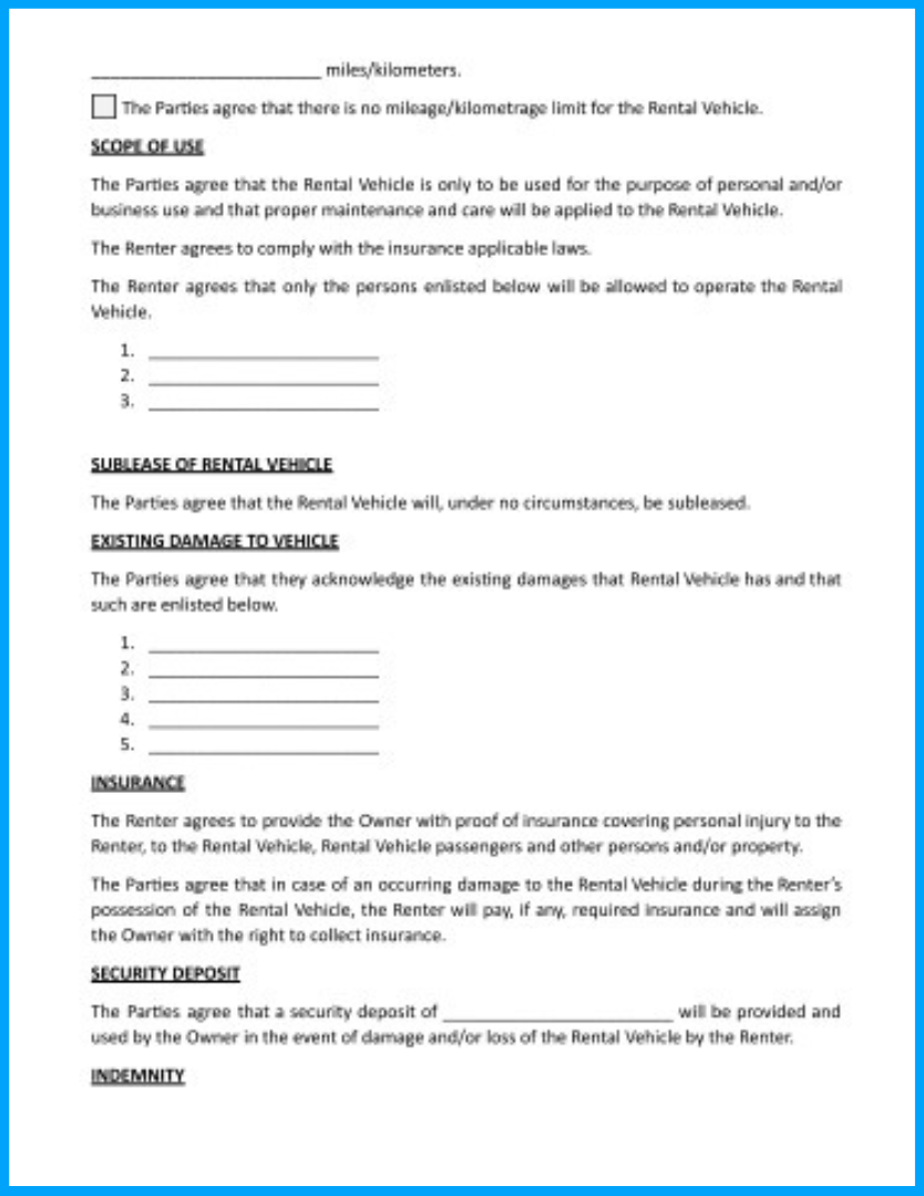 rent a car agreement template